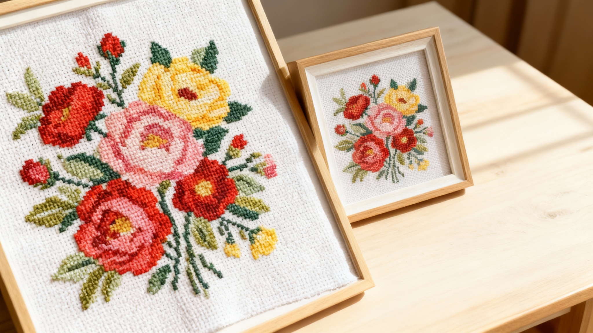 A large and a small framed cross-stitch piece with the identical vibrant floral design are displayed next to each other, representing the final result of a pattern resizing tool.