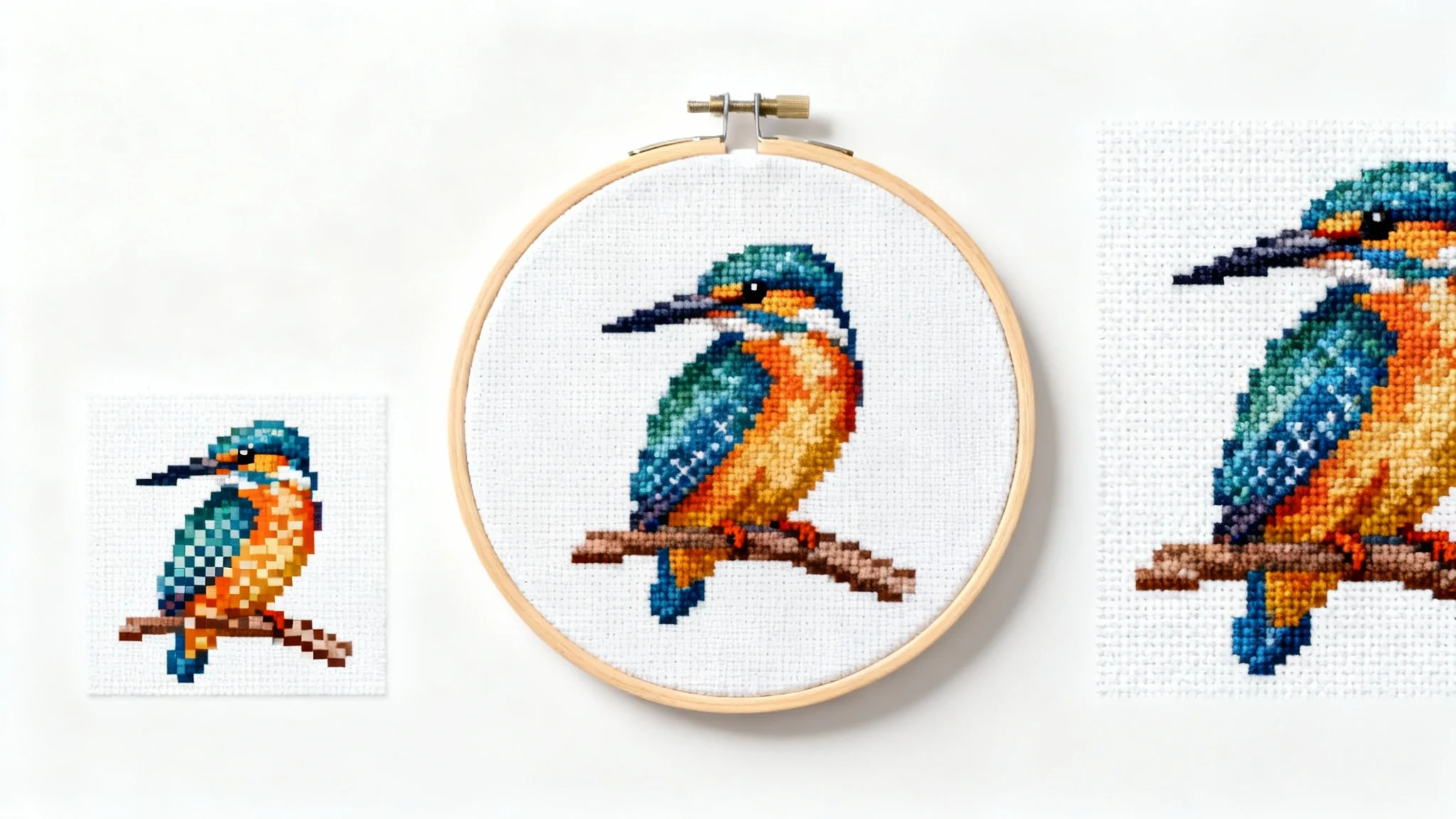 Three cross-stitch hoops on a white background, each showing the same kingfisher bird pattern but at different sizes and stitch densities to illustrate the concept of resizing.