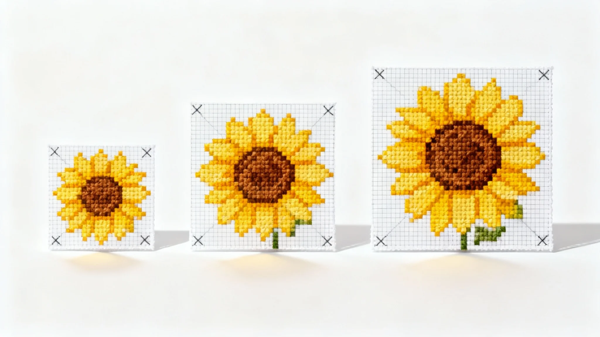 A conceptual mockup showing the same sunflower cross-stitch pattern in three different sizes, small, medium, and large, arranged side-by-side on a white background to illustrate resizing.