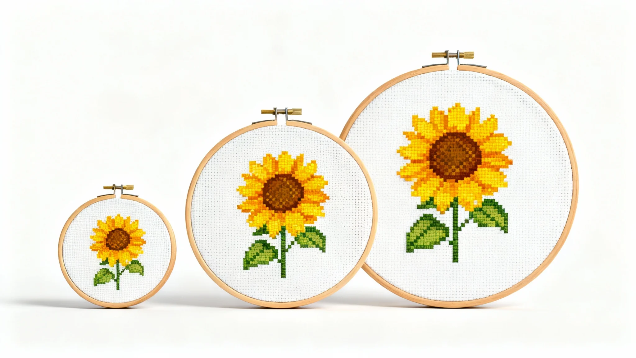 Three embroidery hoops of different sizes, small, medium, and large on a white background, each containing the same sunflower cross-stitch pattern scaled perfectly to fit, illustrating the concept of resizing.