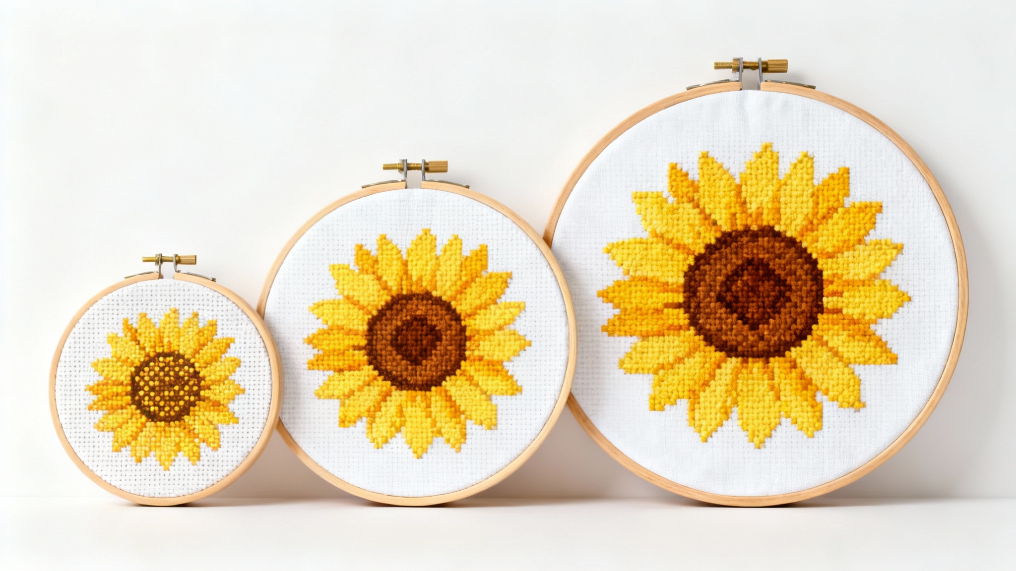 Three embroidery hoops of varying sizes, small, medium, and large, each displaying the same cross-stitch pattern of a sunflower, scaled to fit, demonstrating the resizing of a cross-stitch design.