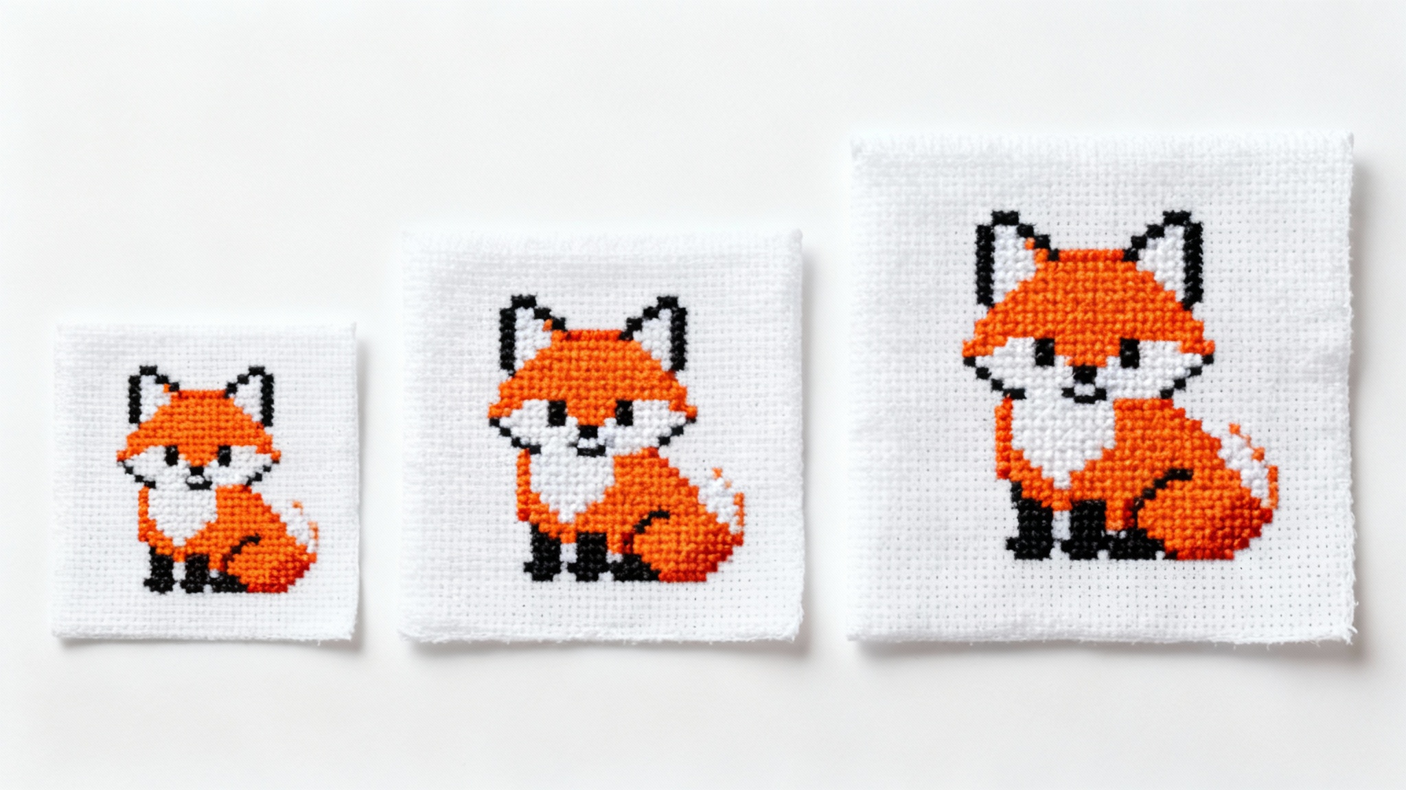 A flat lay image showing three cross stitch patterns of a fox on a white background, arranged in a row from small to large to illustrate the concept of resizing a pattern.