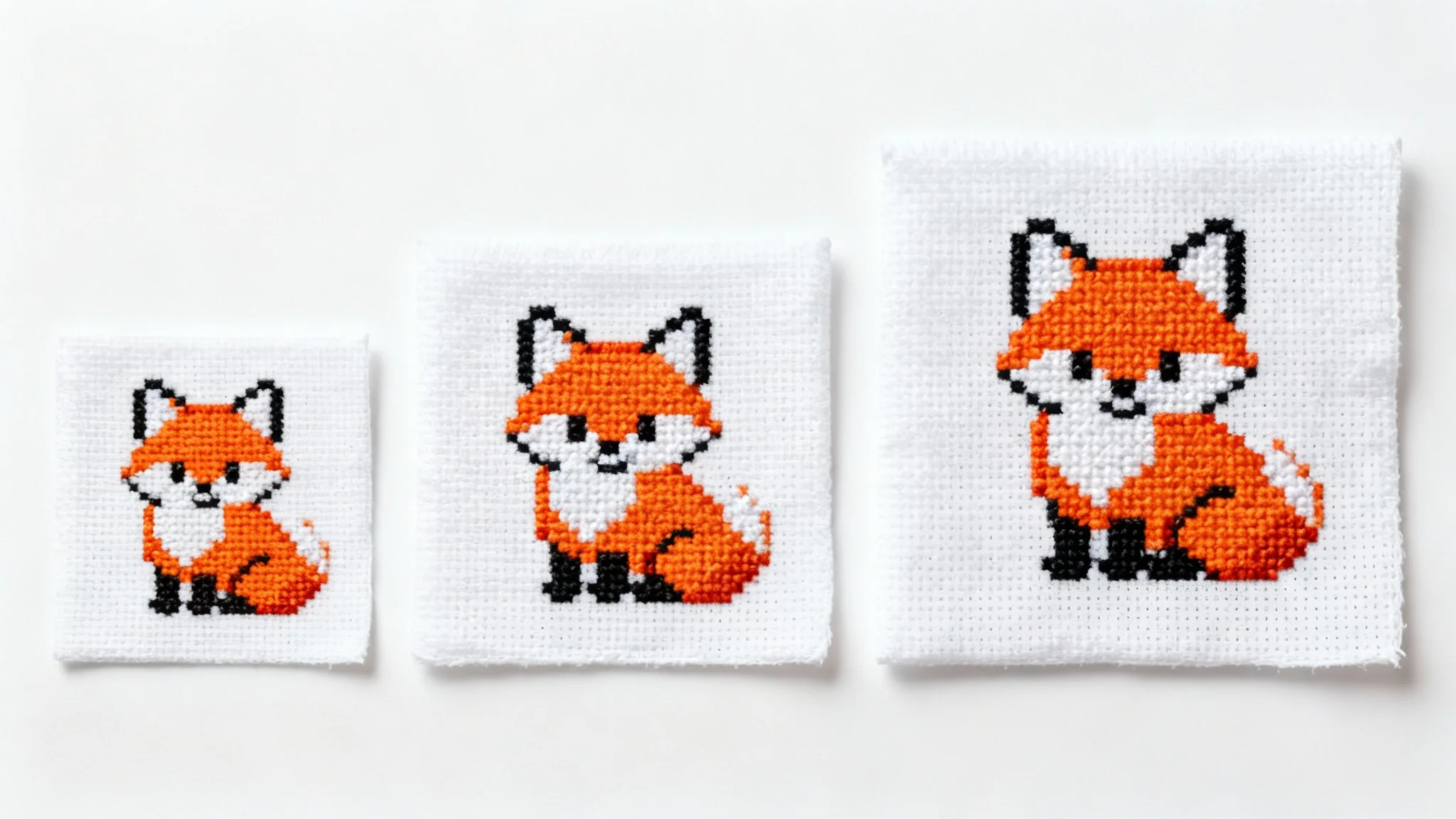 A flat lay image showing three cross stitch patterns of a fox on a white background, arranged in a row from small to large to illustrate the concept of resizing a pattern.