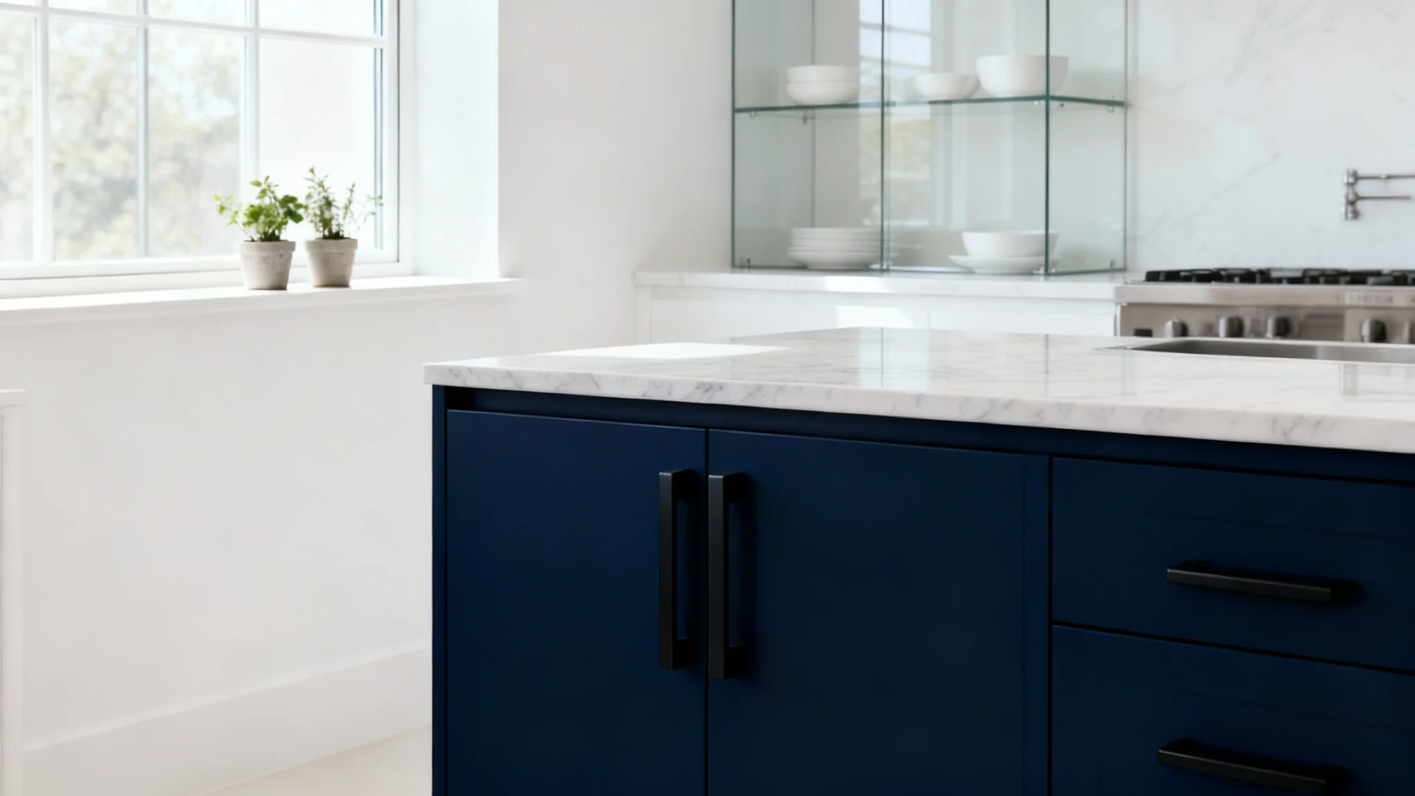 A modern kitchen after using a cabinet visualizer, showing the original wooden cabinets transformed into a deep navy blue color with black handles, set against a bright, airy kitchen background with marble countertops.