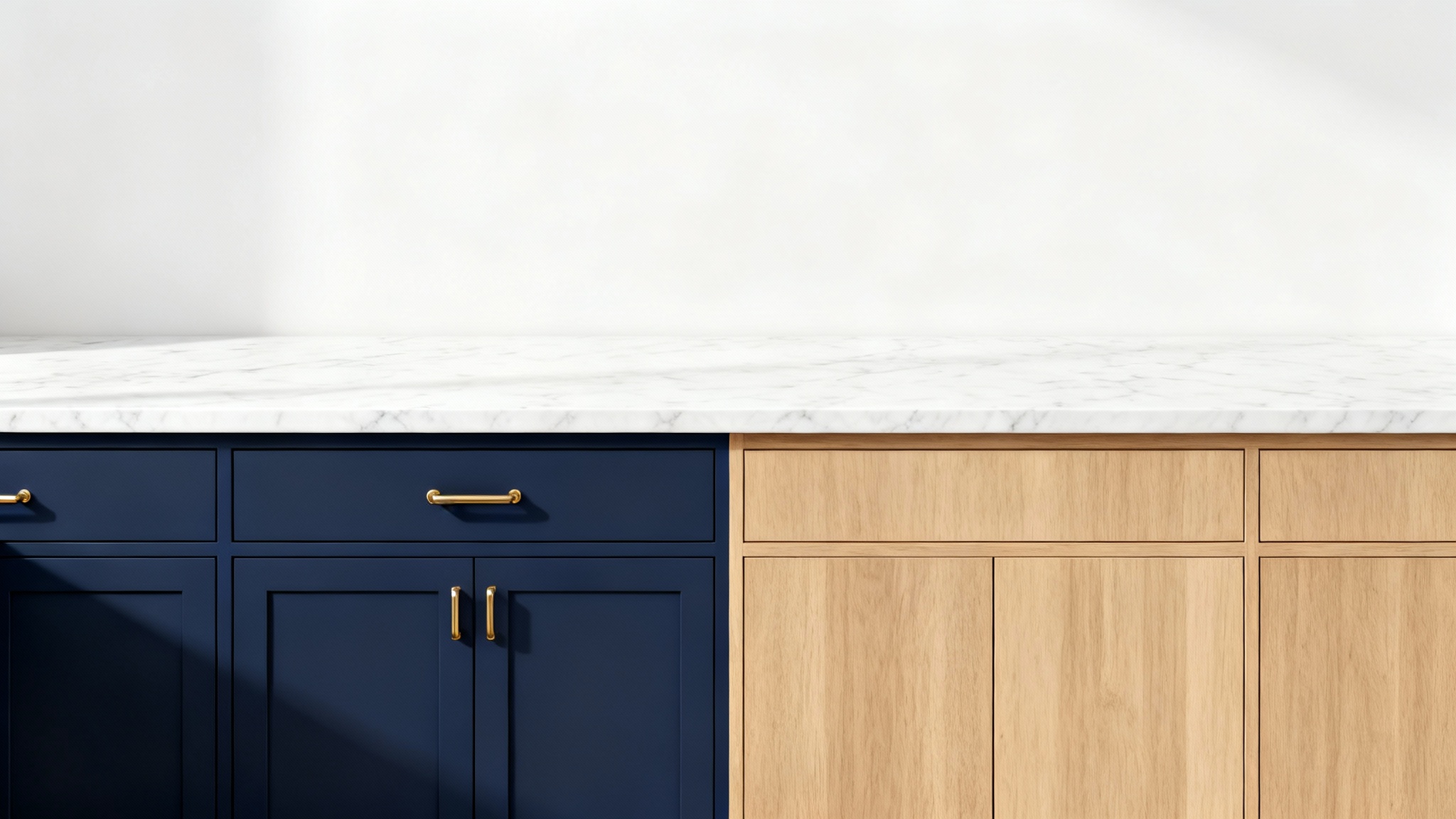 A mockup of a modern kitchen demonstrating a cabinet visualizer, with the left side showing navy blue shaker cabinets and the right side showing light oak cabinets.