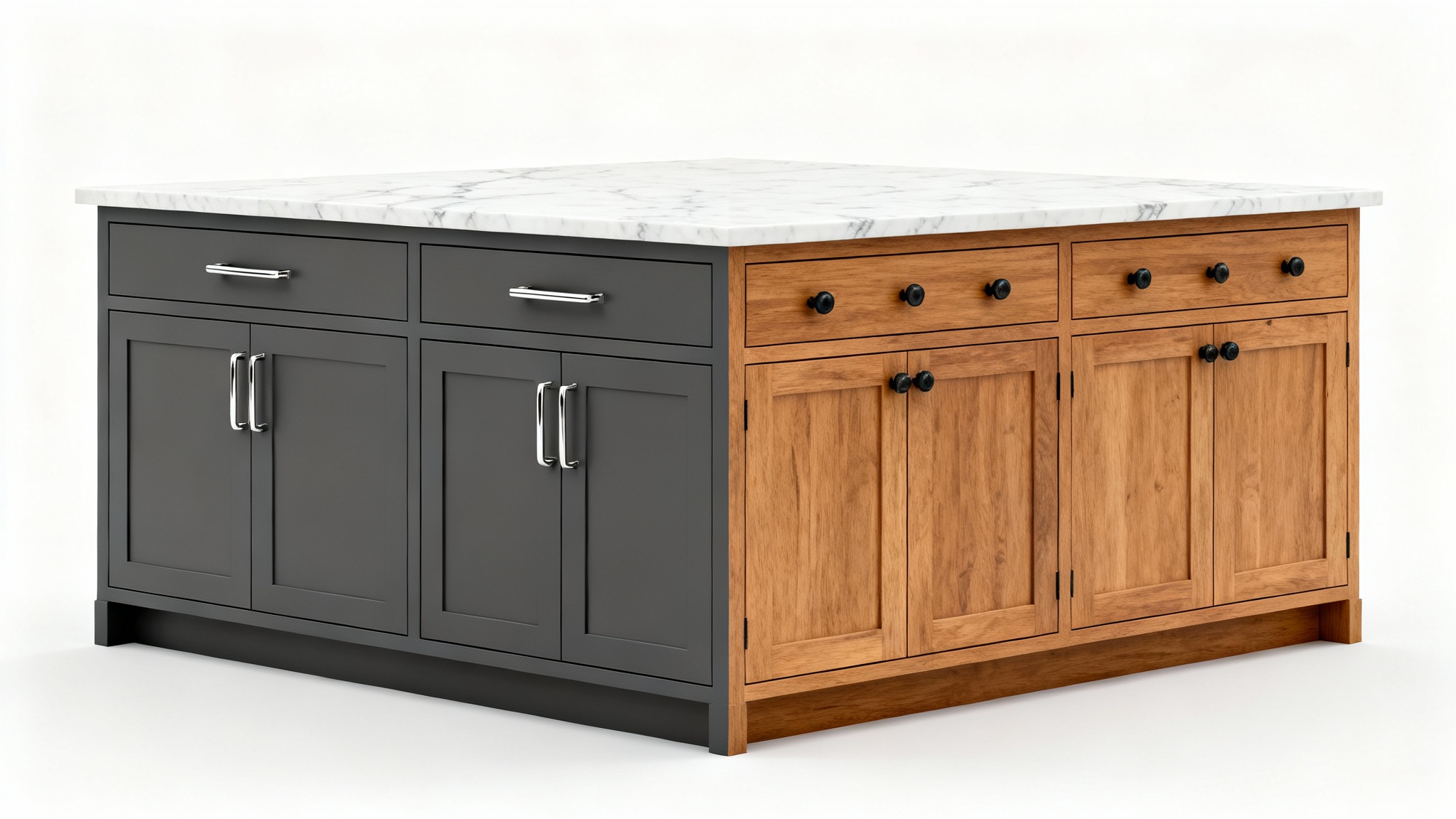A product mockup of a kitchen island split into two different designs to showcase cabinet visualization. The left side has modern gray cabinets and the right side has traditional oak cabinets, both under a single white marble countertop.
