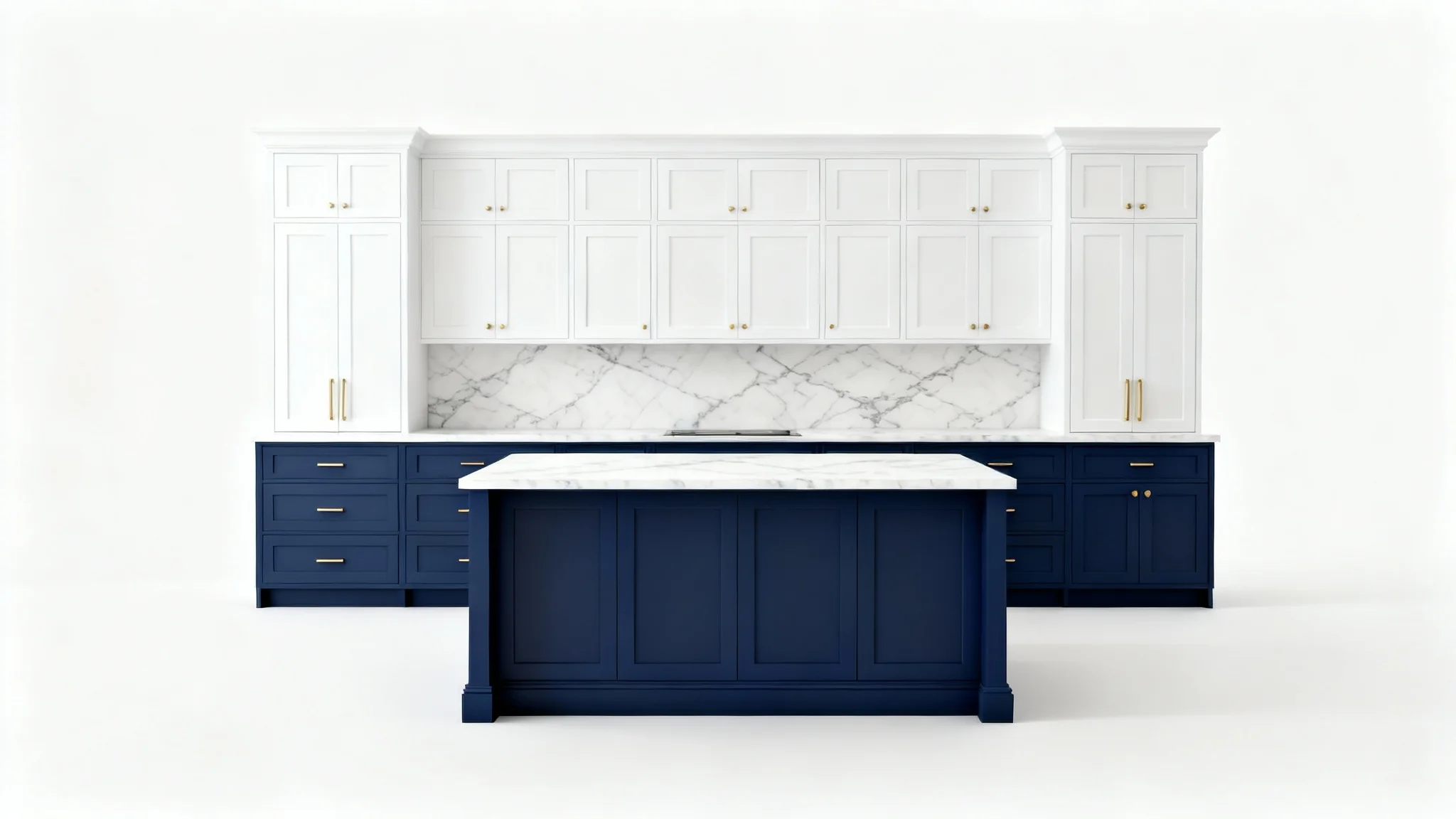 A modern kitchen with navy blue lower cabinets and white upper cabinets, featuring gold hardware and marble countertops, showcased against a plain white background.
