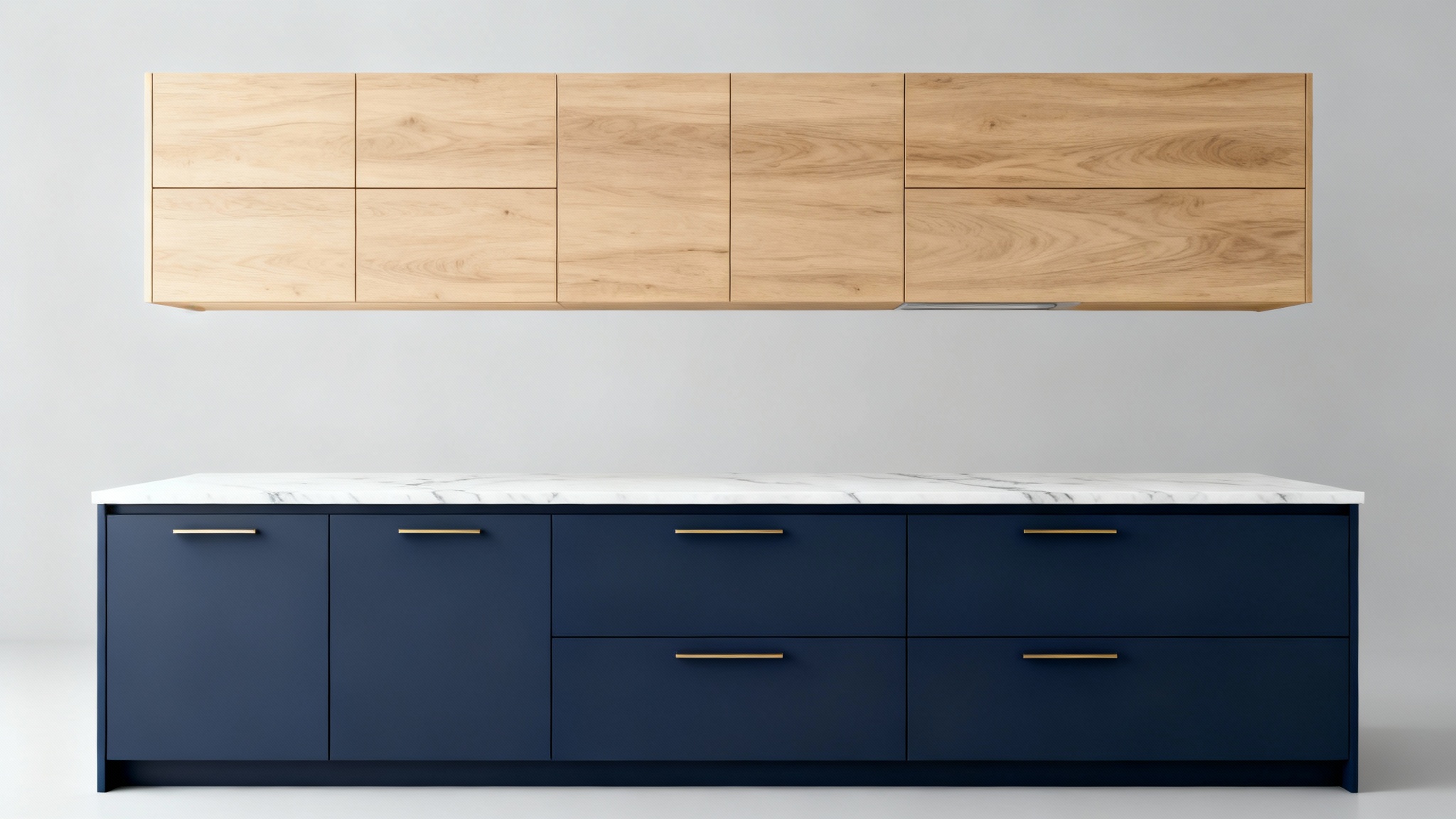 A modern kitchen mockup showcasing a cabinet visualizer, with navy blue lower cabinets and light oak upper cabinets against a white background.