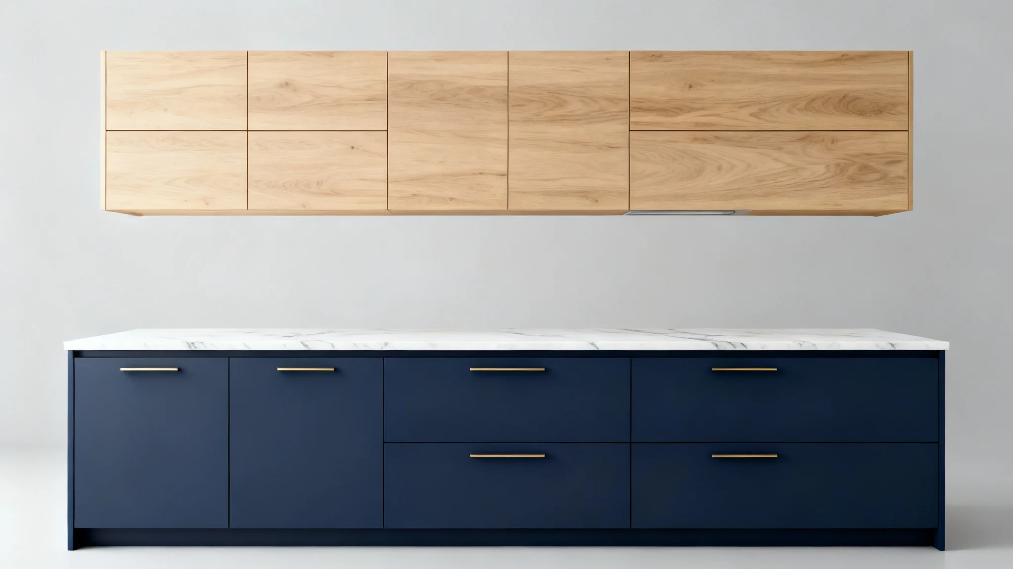 A modern kitchen mockup showcasing a cabinet visualizer, with navy blue lower cabinets and light oak upper cabinets against a white background.