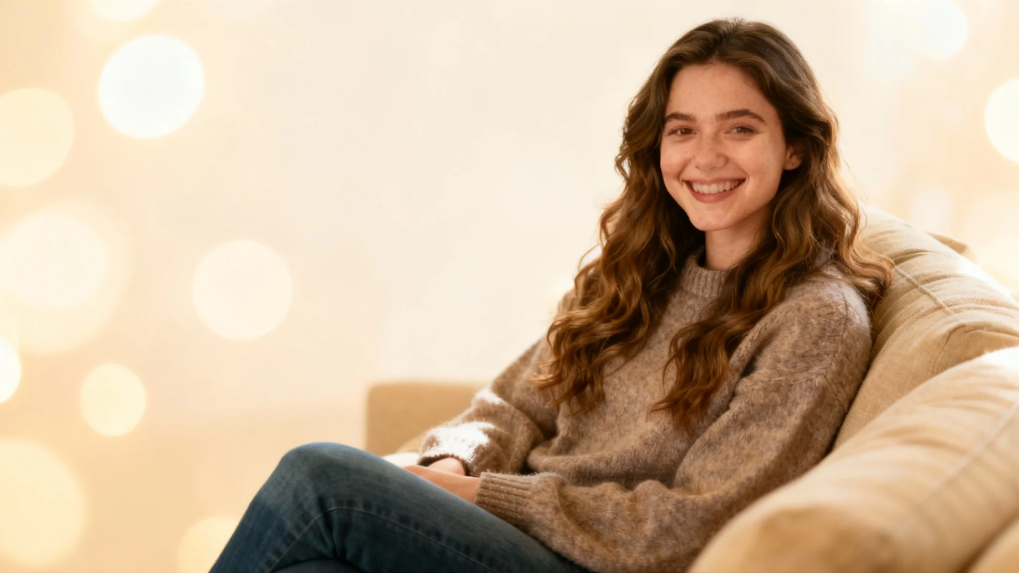 A high-quality hero image showing the result of a 'blur background' tool. A young woman on a sofa is in sharp focus, while the living room background is transformed into a beautiful, heavy bokeh blur, making the subject pop.