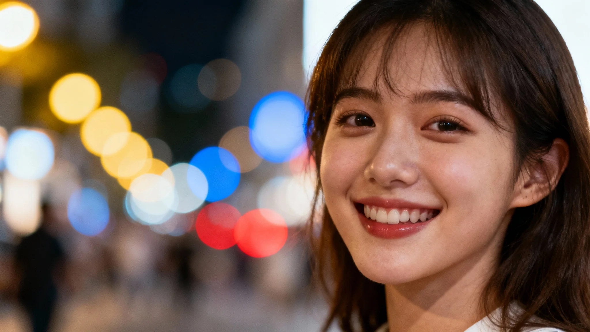 A close-up photo of a woman's face in sharp focus, with the background of city lights heavily blurred to create a beautiful bokeh effect.