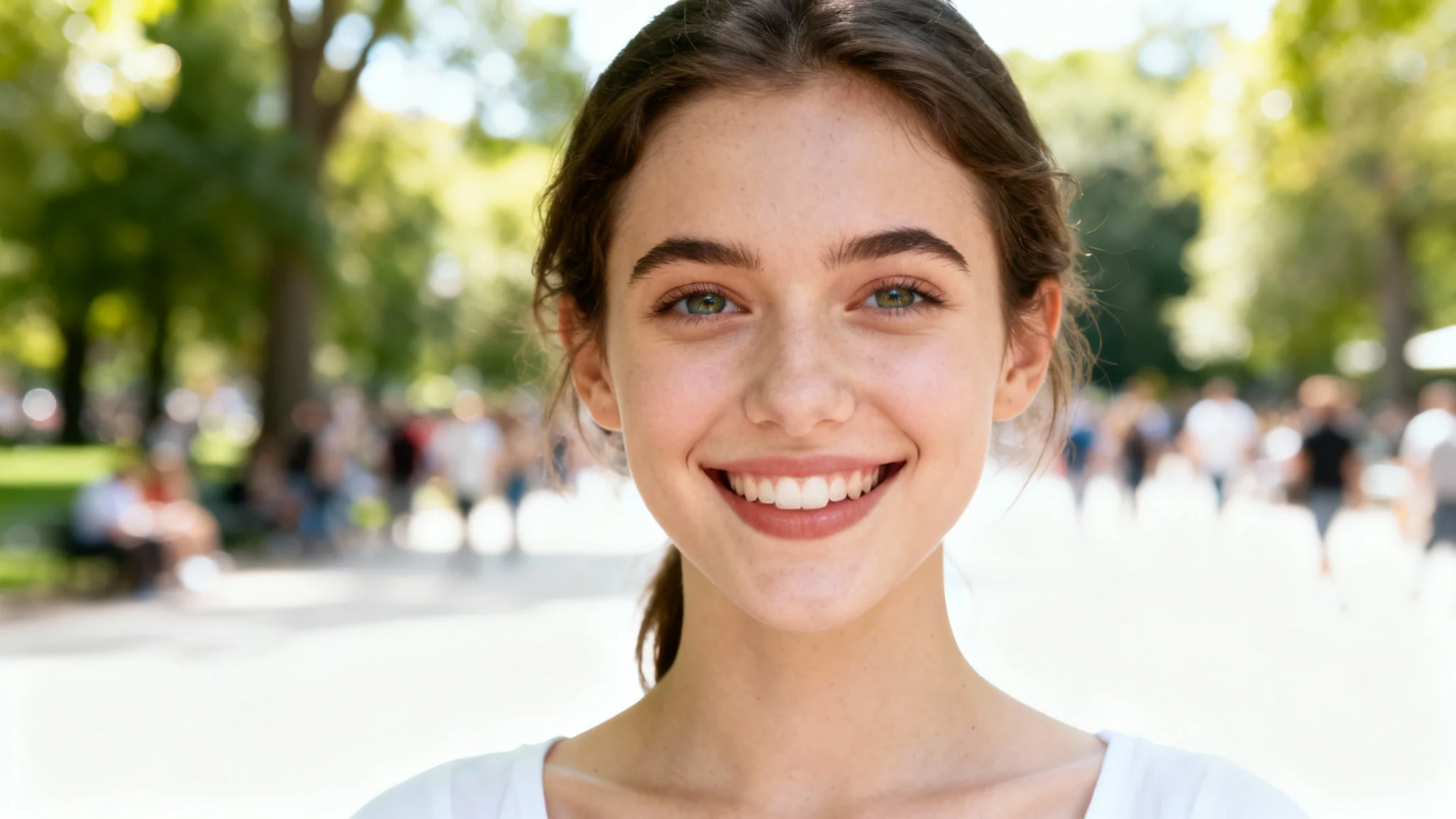 A photorealistic image demonstrating a background blur effect, featuring a woman's portrait in sharp focus against a heavily blurred park background.