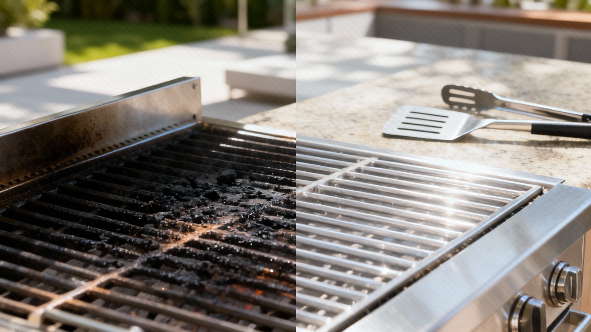 A split-screen comparison of a BBQ grill grate, with the left side showing it dirty and covered in burnt residue, and the right side showing it perfectly clean and shiny.