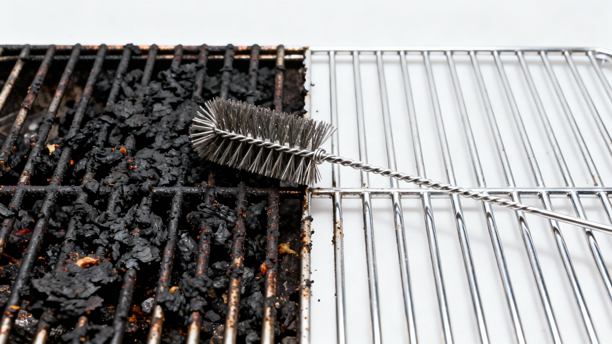 A before-and-after image of a BBQ grill grate. Half is covered in black grime, and the other half is sparkling clean, with a wire brush resting on it.