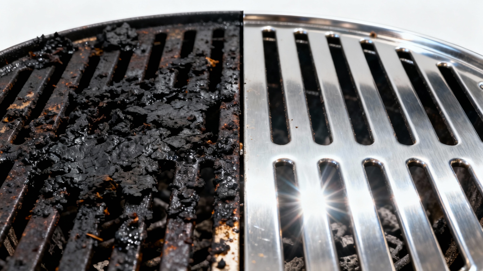 A close-up of a barbecue grill grate, split in half to show a before-and-after cleaning. One side is dirty with black char, and the other is sparkling clean stainless steel.