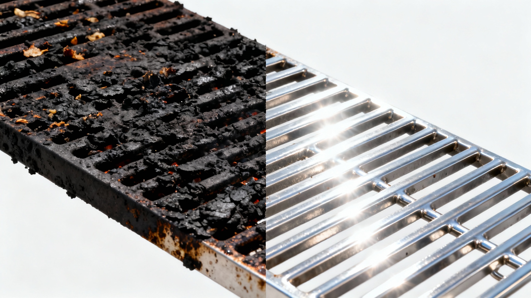 A close-up photograph of a barbecue grill grate, split diagonally to show a before-and-after cleaning effect: one side is dirty and charred, the other is sparkling clean.