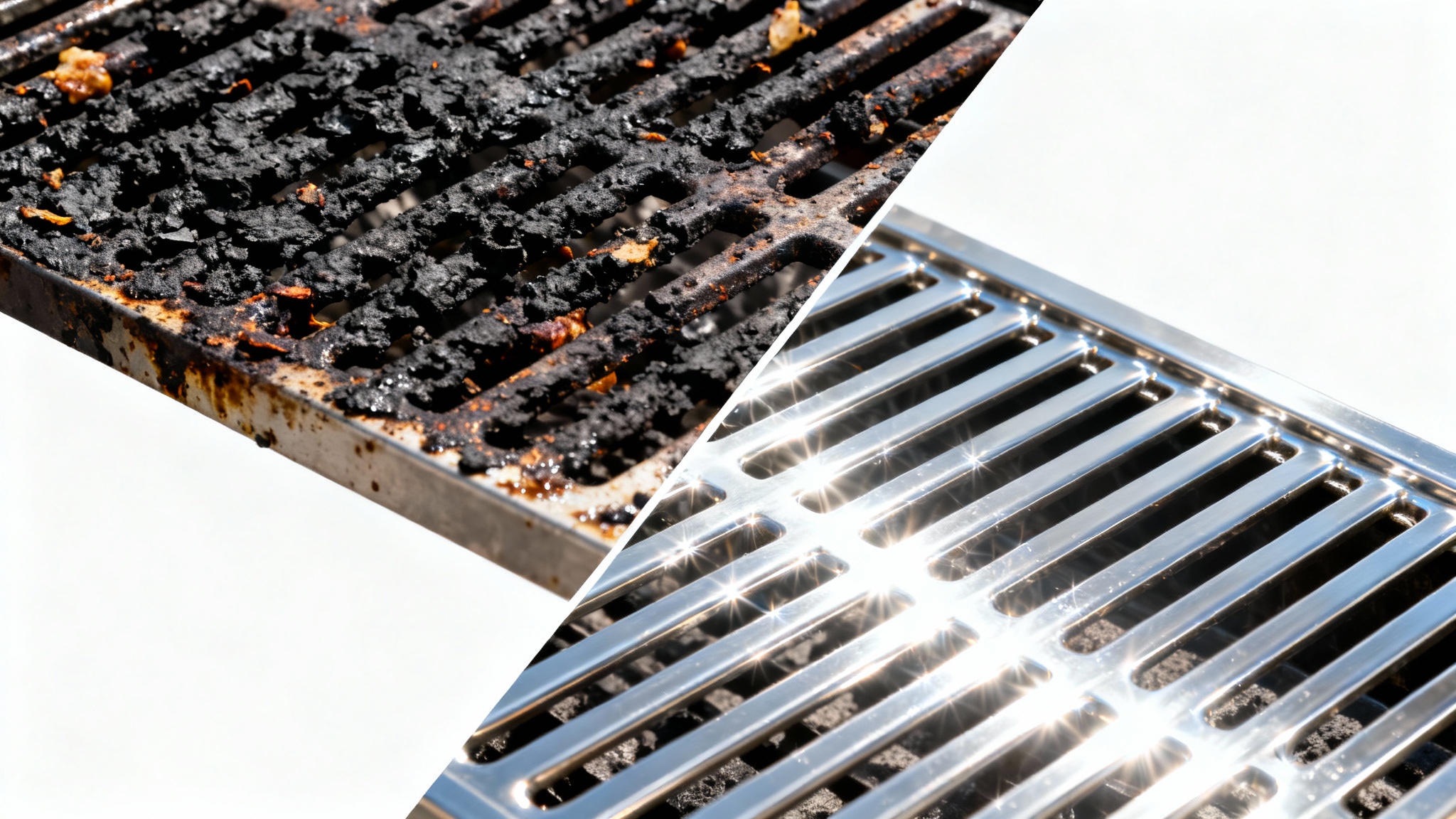 A dramatic before-and-after shot of a grill grate; one half is covered in black, caked-on grime, while the other half is sparkling clean stainless steel against a white background.