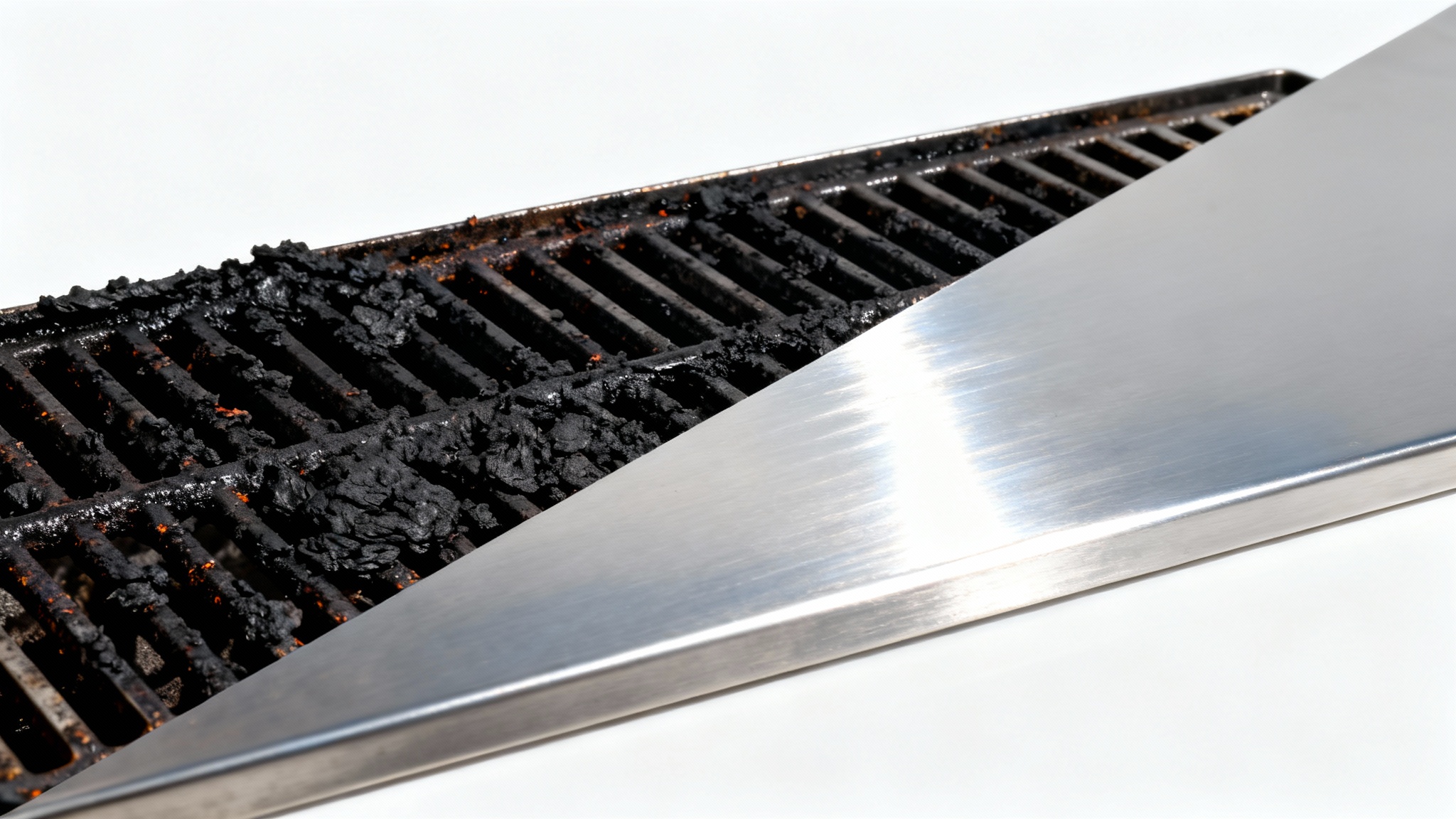 A photorealistic image showing a grill grate half-clean and half-dirty. One side is covered in black char, while the other is sparkling clean stainless steel, on a white background.