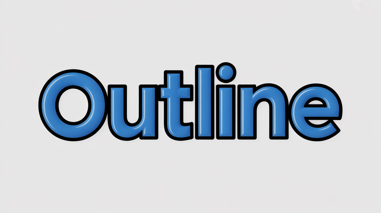 A graphic design mockup showing the word 'OUTLINE' in bold, 3D electric blue letters. Each letter has a thick black outline, set against a clean white background to demonstrate a text outlining effect.