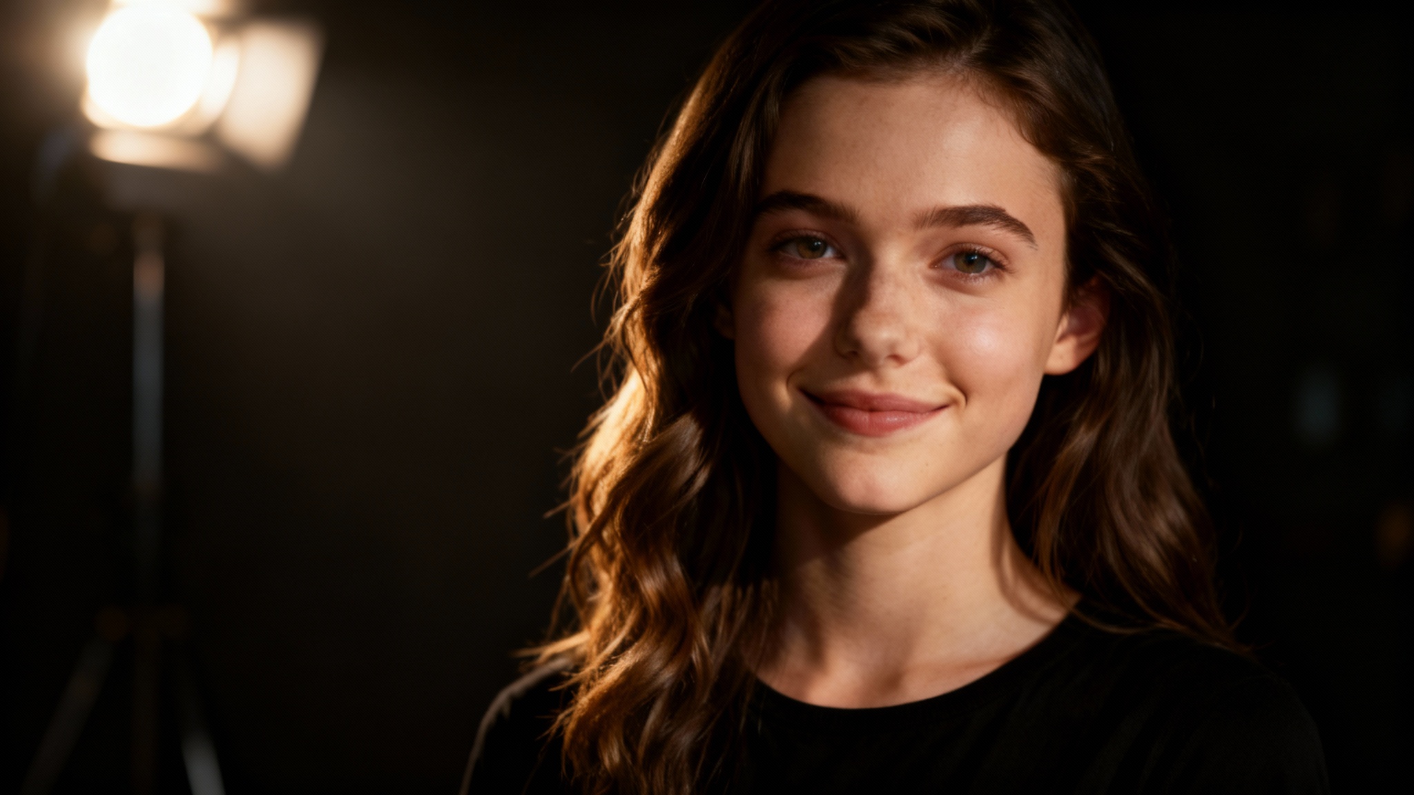 A professionally retouched actor headshot of a young actress with wavy hair, showcasing perfect three-point studio lighting that sculpts her face and makes her stand out against a dark, blurred background.
