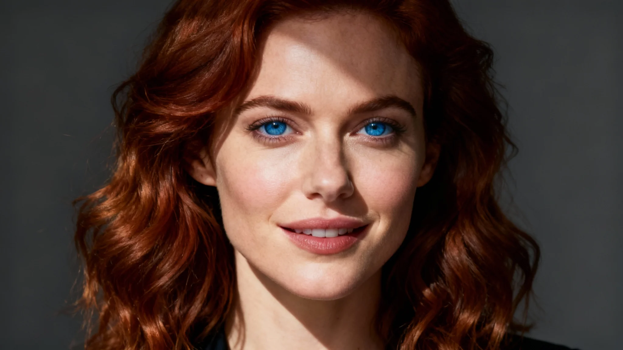 A professional close-up headshot of a female actor demonstrating perfect Rembrandt lighting against a plain, dark studio background.