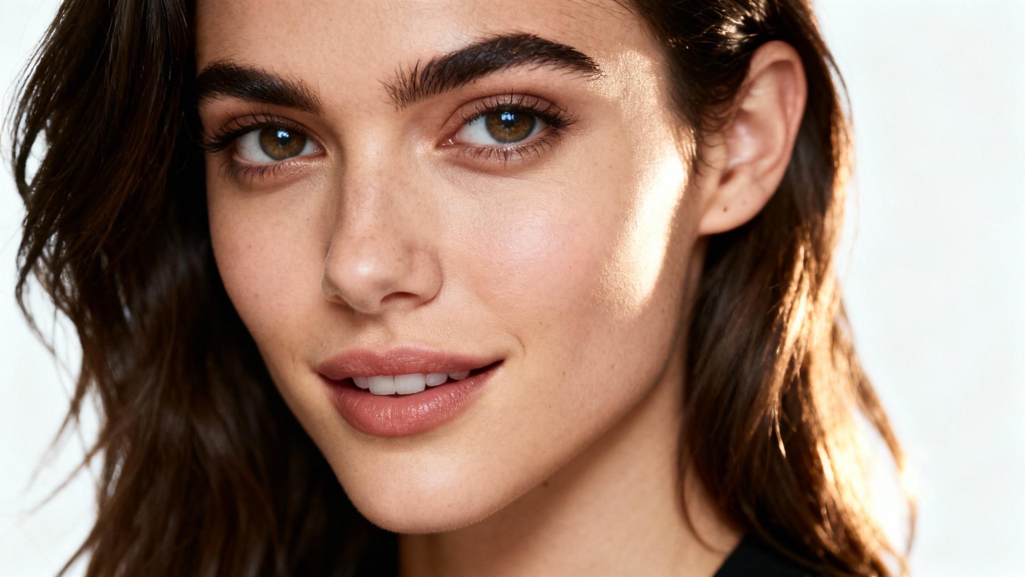A professional, photorealistic headshot of a female actor showcasing ideal three-point studio lighting, set against a clean off-white background.