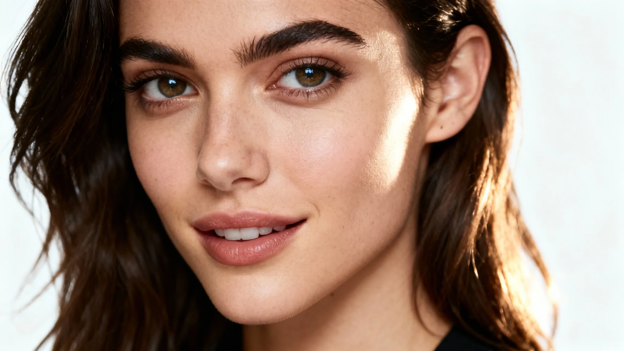 A professional, photorealistic headshot of a female actor showcasing ideal three-point studio lighting, set against a clean off-white background.