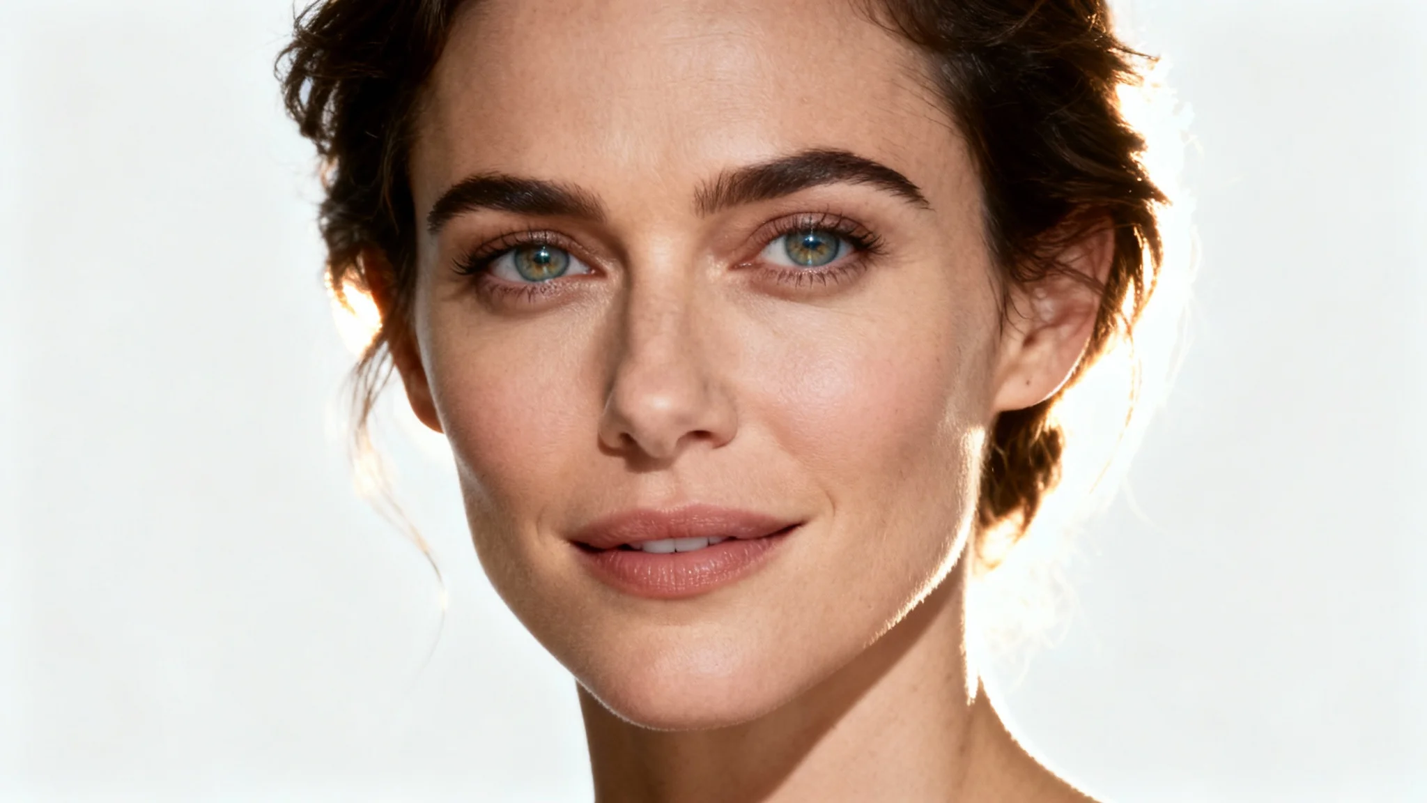 A professional, photorealistic headshot of a female actor demonstrating perfect three-point lighting against a clean white background.