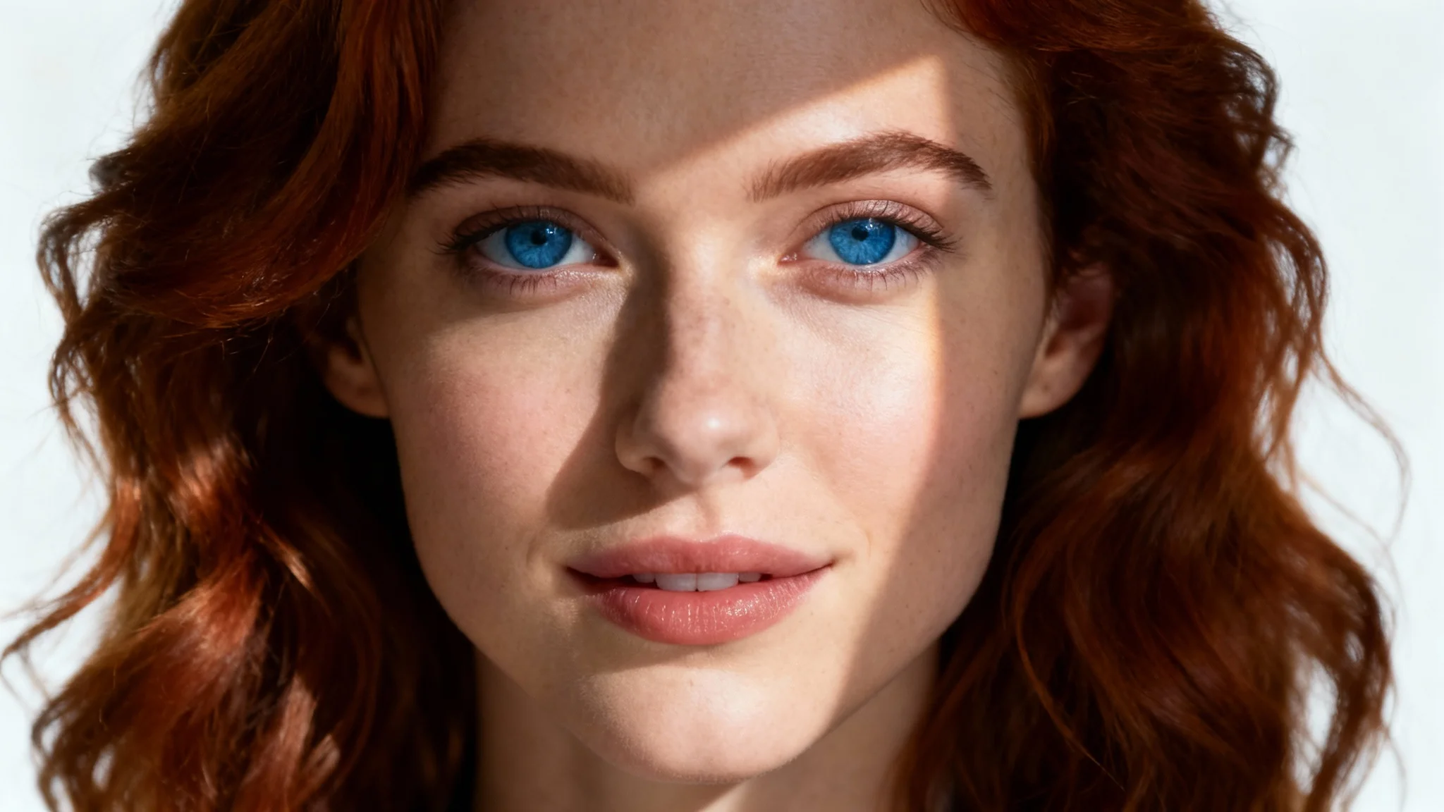 A professional, photorealistic headshot of a female actor demonstrating perfect studio lighting techniques against a clean white background.