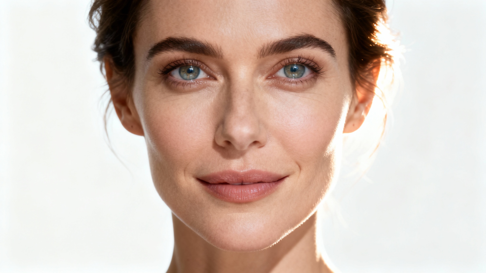 A professional studio headshot of a female actor demonstrating perfect three-point lighting, with her face clearly illuminated against a solid white background.