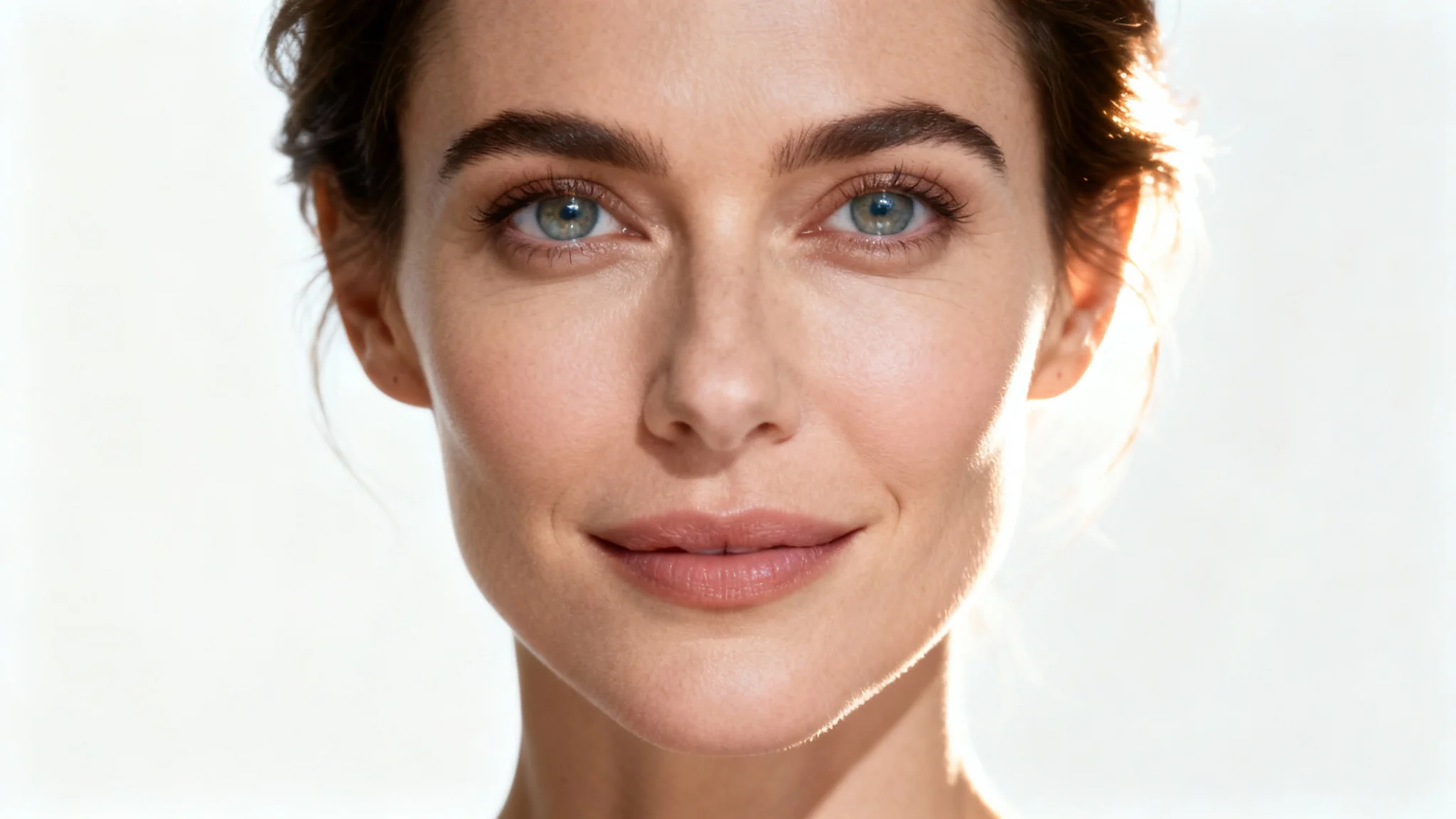 A professional studio headshot of a female actor demonstrating perfect three-point lighting, with her face clearly illuminated against a solid white background.