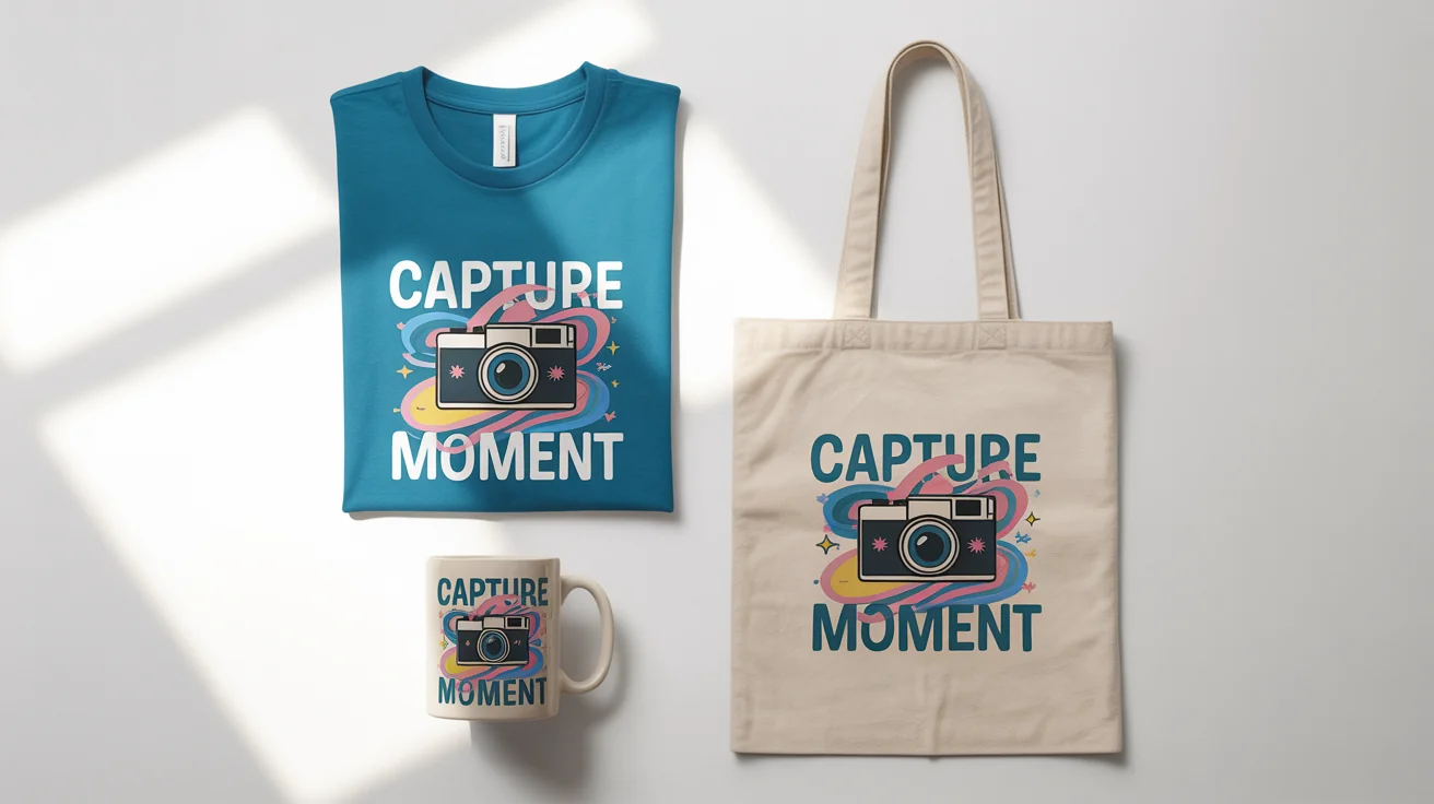 A flat lay of print-on-demand merchandise, including a t-shirt, tote bag, and mug, all featuring a colorful design with a vintage camera and the text 'Capture the Moment'.