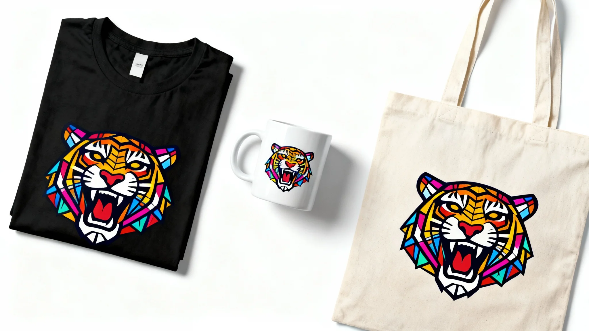 A flat lay image of a t-shirt, a coffee mug, and a tote bag, all displaying the same colorful geometric tiger design, showcasing a print-on-demand product line on a clean white background.