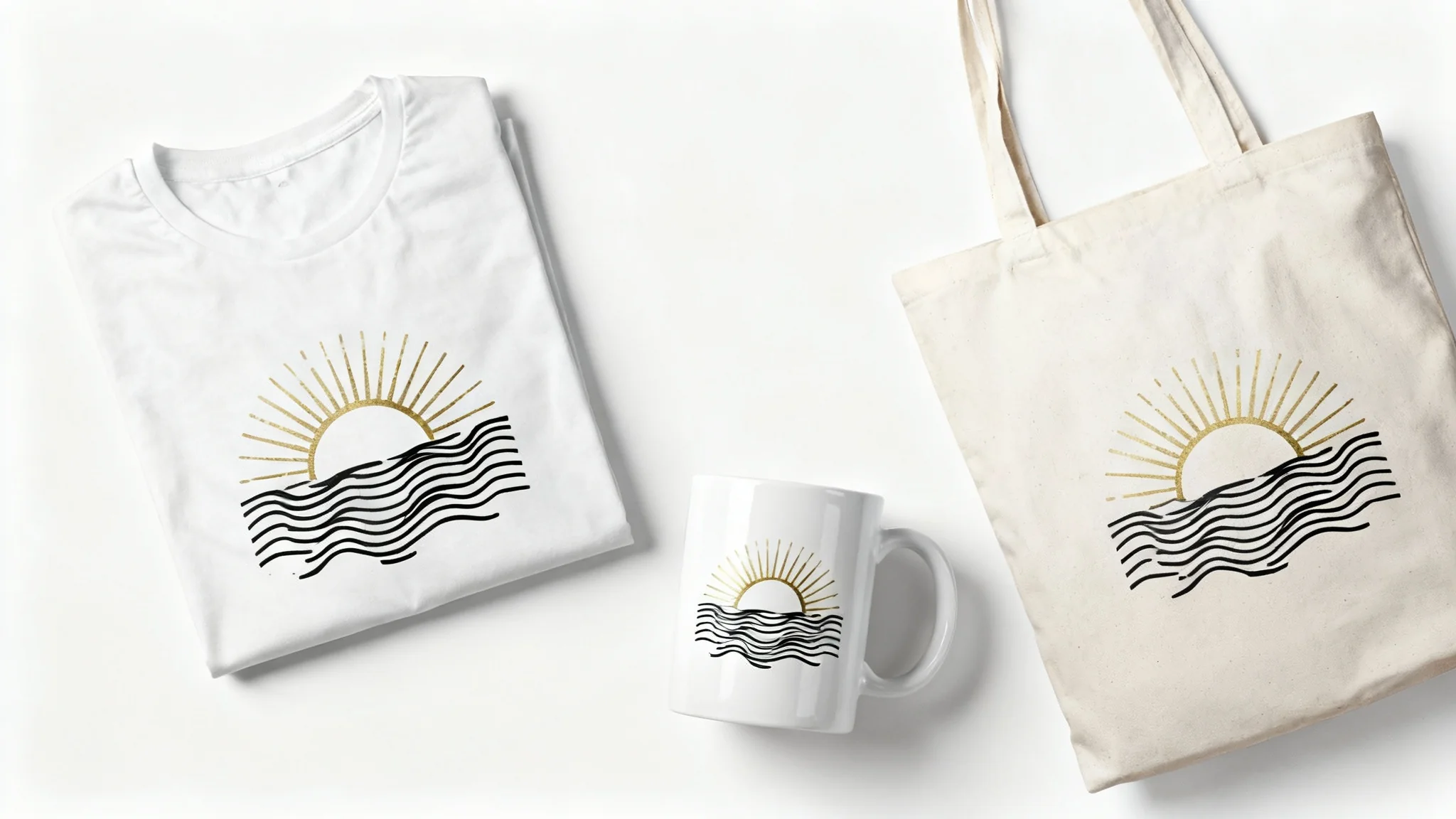 A collection of print-on-demand products, including a t-shirt, mug, and tote bag, all featuring a matching minimalist sun and wave design, displayed on a clean white background.