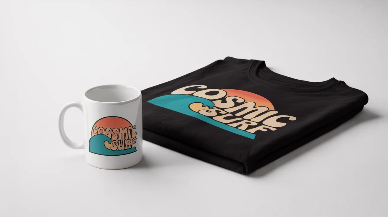 A product mockup for print on demand, showing a white mug and a folded black t-shirt, both featuring a colorful retro surf design with the words 'Cosmic Surf'.
