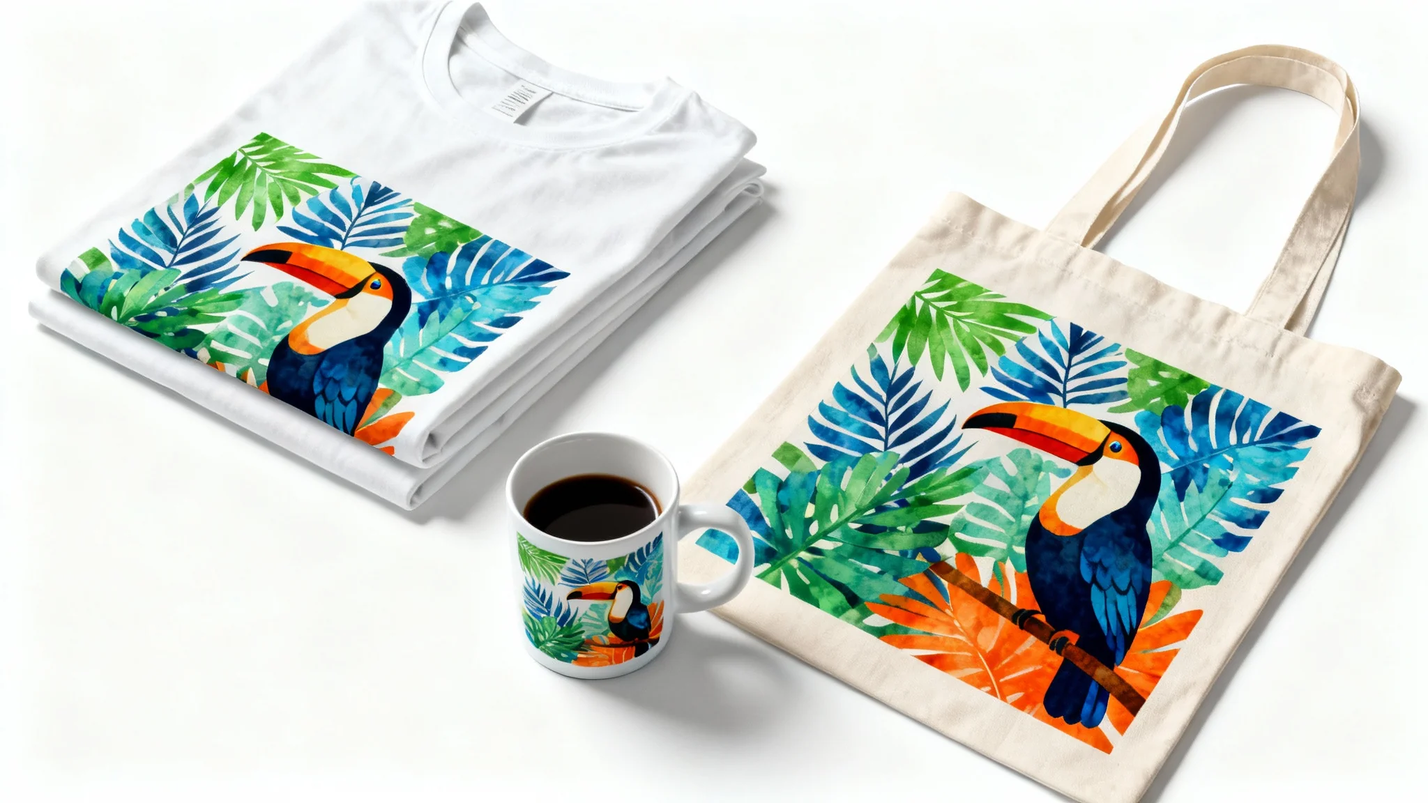A collection of print-on-demand products including a t-shirt, mug, and tote bag, all featuring a matching vibrant toucan design, arranged in a flat lay on a white background.