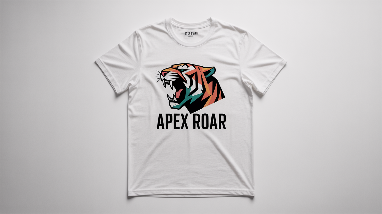 A white t-shirt laid flat on a white background, featuring a vibrant graphic of a geometric tiger's head and the text 'APEX ROAR'.
