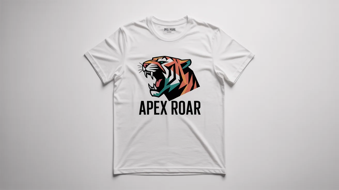 A white t-shirt laid flat on a white background, featuring a vibrant graphic of a geometric tiger's head and the text 'APEX ROAR'.