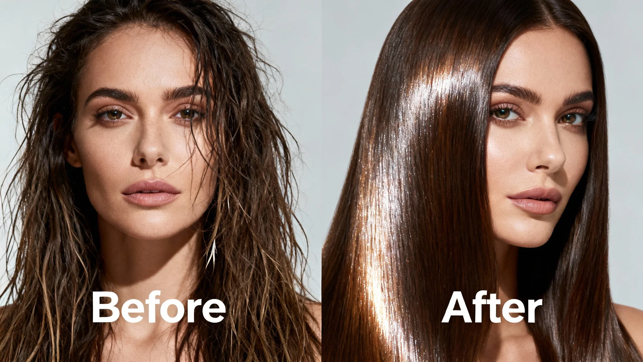 A split-screen hero image comparing hair before and after a hair mask. The left side shows dry, frizzy hair, and the right side shows the same hair transformed to be smooth, shiny, and healthy-looking.