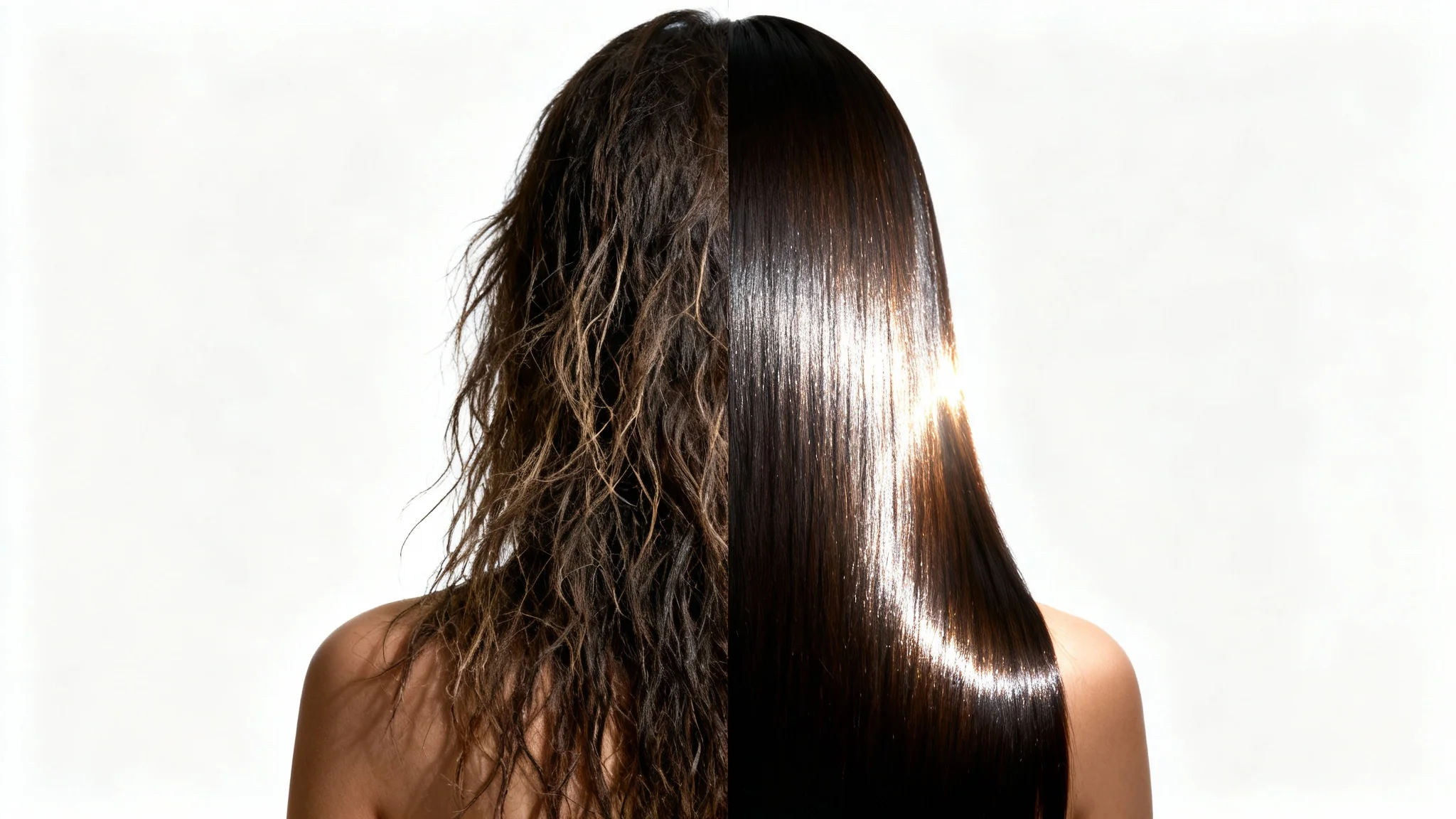 A split-screen comparison image showing the effects of a hair mask. The 'before' side displays dry and frizzy hair, while the 'after' side reveals the same hair looking smooth, shiny, and healthy.