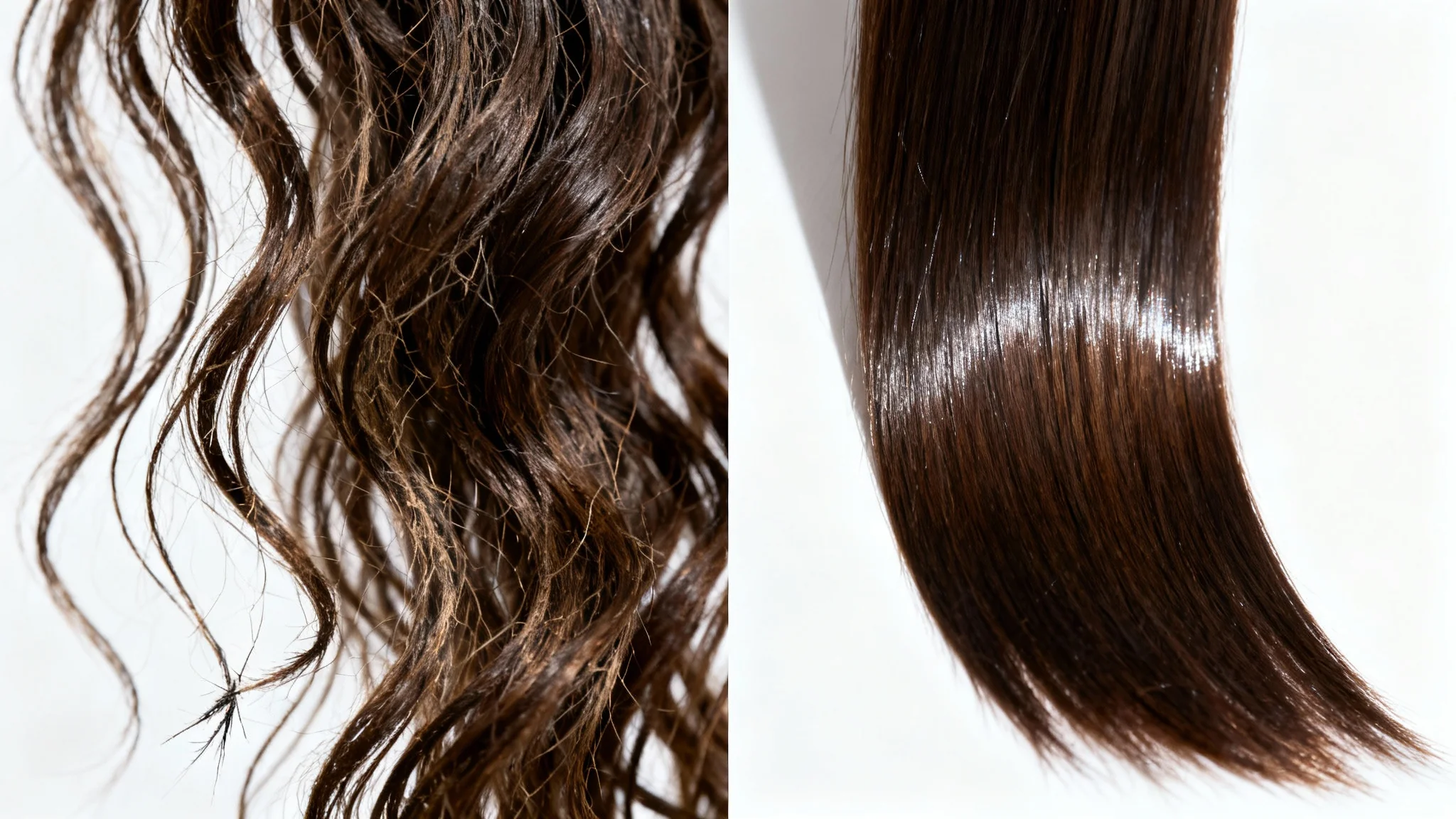 A side-by-side comparison image demonstrating the effect of a hair mask. The left panel shows dry and frizzy hair, while the right panel shows the same hair looking smooth, shiny, and healthy after treatment.
