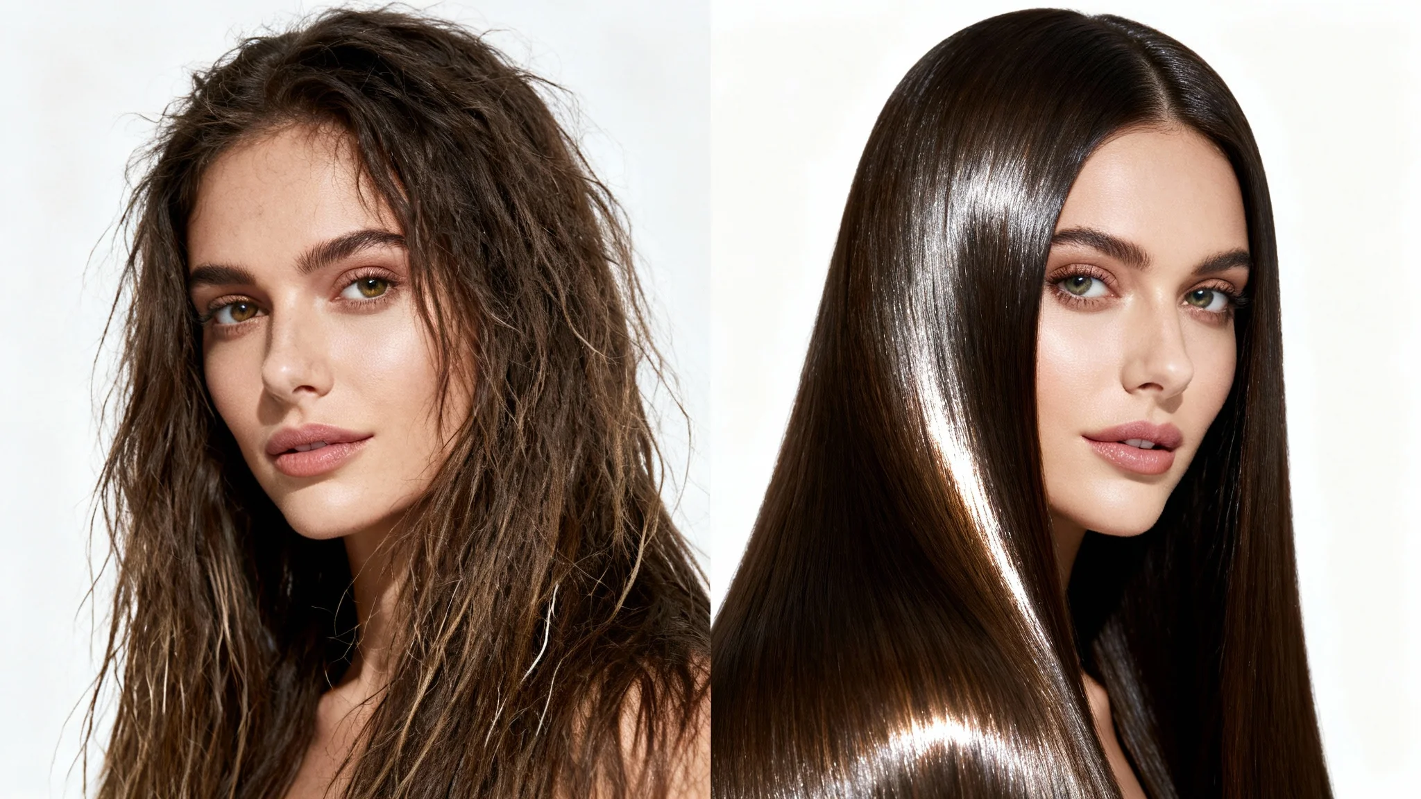 A split-screen comparison image showing the effect of a hair mask. The left side displays dry, frizzy hair, while the right side shows the same hair as smooth, shiny, and healthy-looking.