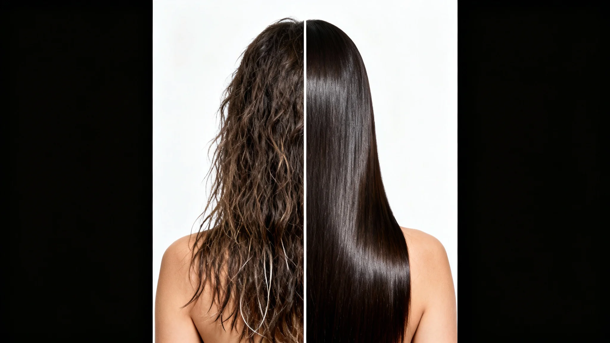 A split-screen image showing the back of a woman's head to demonstrate the effects of a hair mask. The left side shows dry, frizzy hair, and the right side shows the same hair looking smooth, shiny, and healthy.
