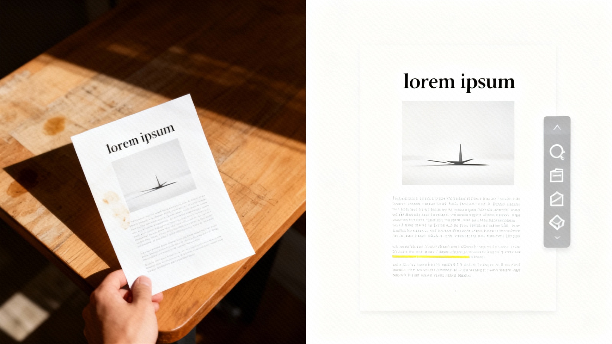 A side-by-side comparison showing the result of a scanned document editor. On the left is a messy, shadowy photo of a paper document. On the right is the same document, now perfectly clean, straight, and digitized with a line of text highlighted.