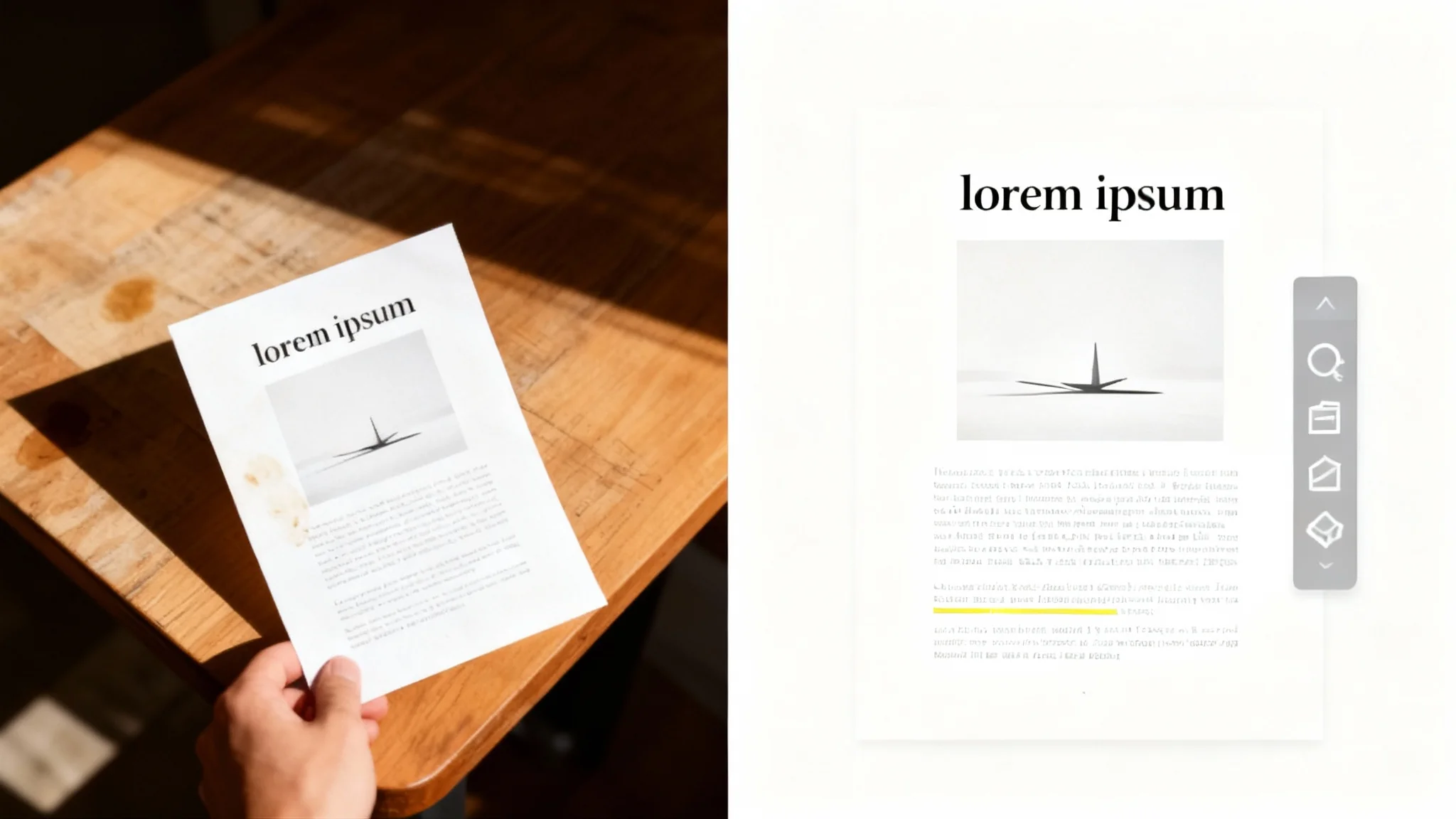 A side-by-side comparison showing the result of a scanned document editor. On the left is a messy, shadowy photo of a paper document. On the right is the same document, now perfectly clean, straight, and digitized with a line of text highlighted.