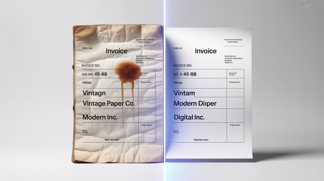 An old, stained invoice is shown partially transformed into a clean, pristine digital version against a white background, demonstrating the functionality of a scanned document editor.