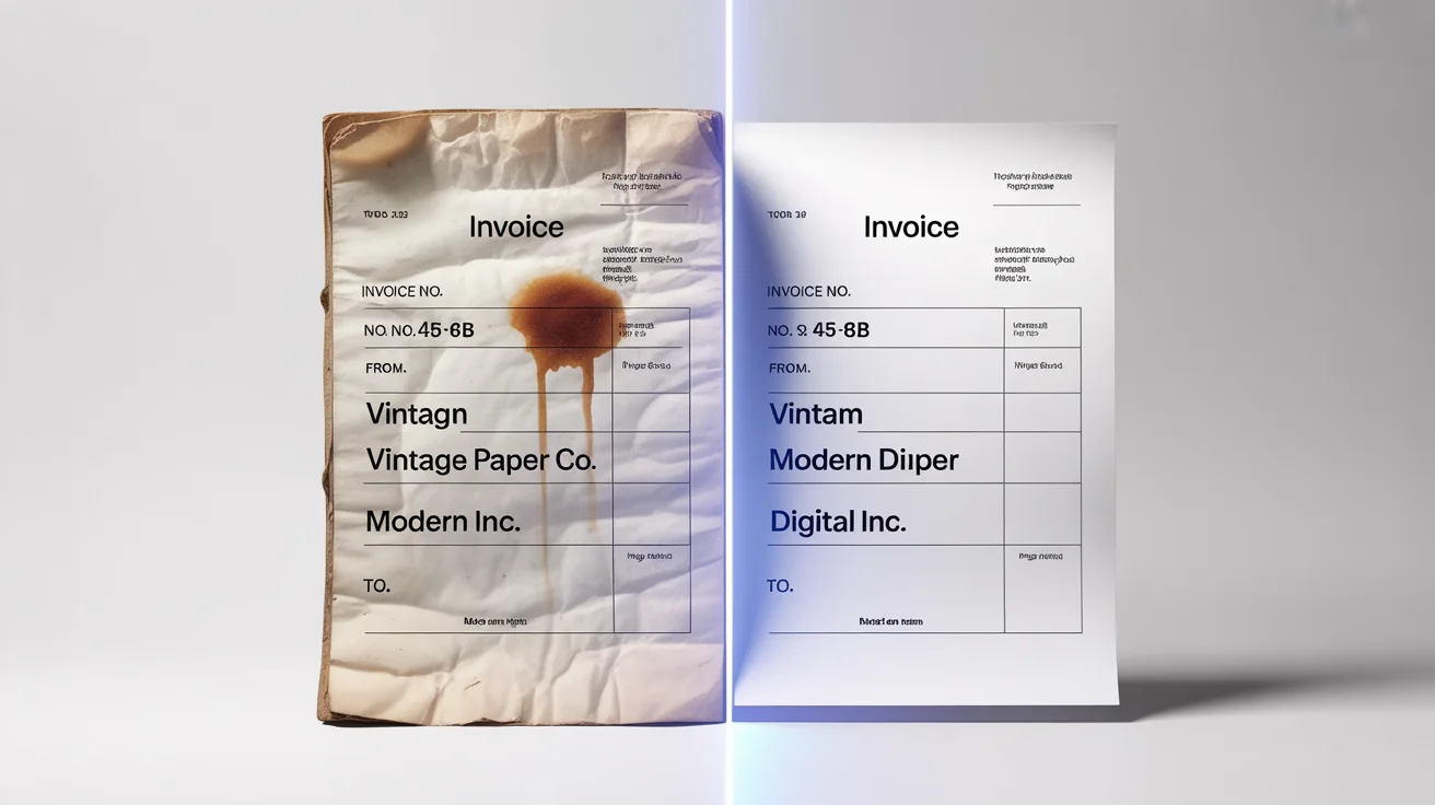 An old, stained invoice is shown partially transformed into a clean, pristine digital version against a white background, demonstrating the functionality of a scanned document editor.