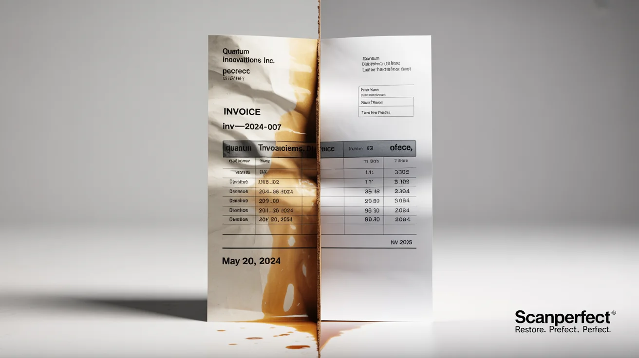 A before-and-after image of a document being cleaned up. The left side shows a crumpled, stained, and skewed scanned invoice, while the right side shows the same invoice perfectly clean, flat, and legible, demonstrating the effect of a scanned document editor.