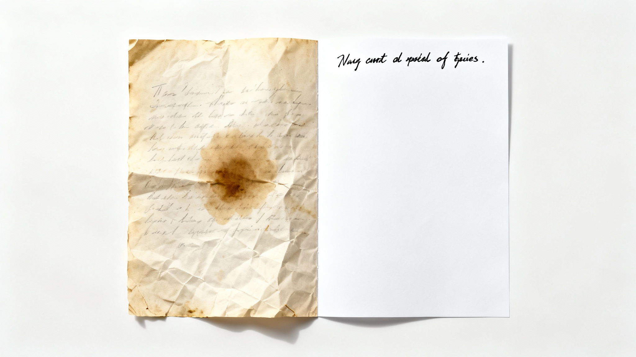 A conceptual image of a document being digitally restored. The left half of the document is old, stained, and crumpled, while the right half is perfectly clean, flat, and crisp.