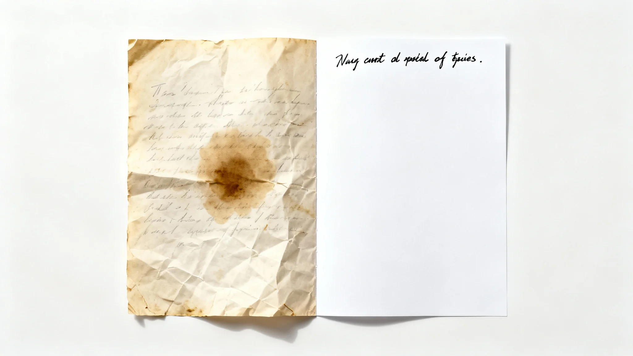 A conceptual image of a document being digitally restored. The left half of the document is old, stained, and crumpled, while the right half is perfectly clean, flat, and crisp.